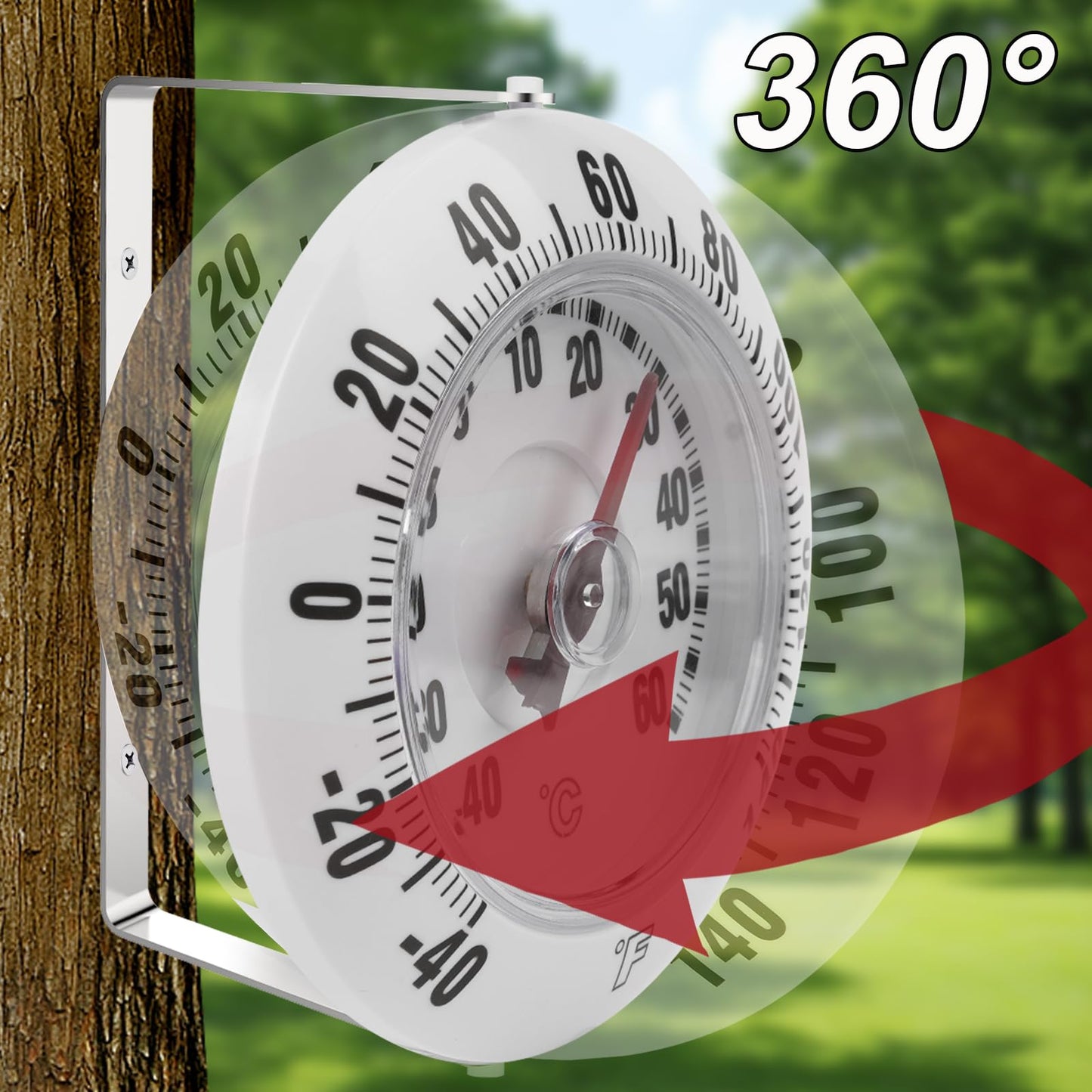 SPOROLWE Outdoor Thermometer for Patio with 360° Swivel Bracket, 5.5" Decorative Wall Mounted Garden Thermometer No Battery Needed, Large Bold Numbers Dial for Tree, Greenhouse, Barn, -40 to 140℉