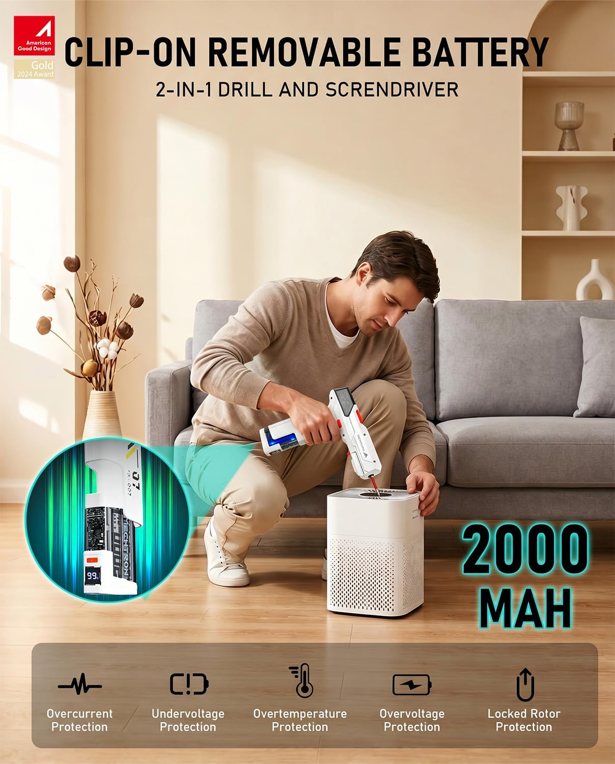 CIOURSTO Electric Screwdriver Cordless Drill with 2000mah Replaceable Battery and Charger Quickly USB-C, Max 15N.m, 2 Speed Adjustable, Power Drills for Furniture Assembly Disassembly (White)