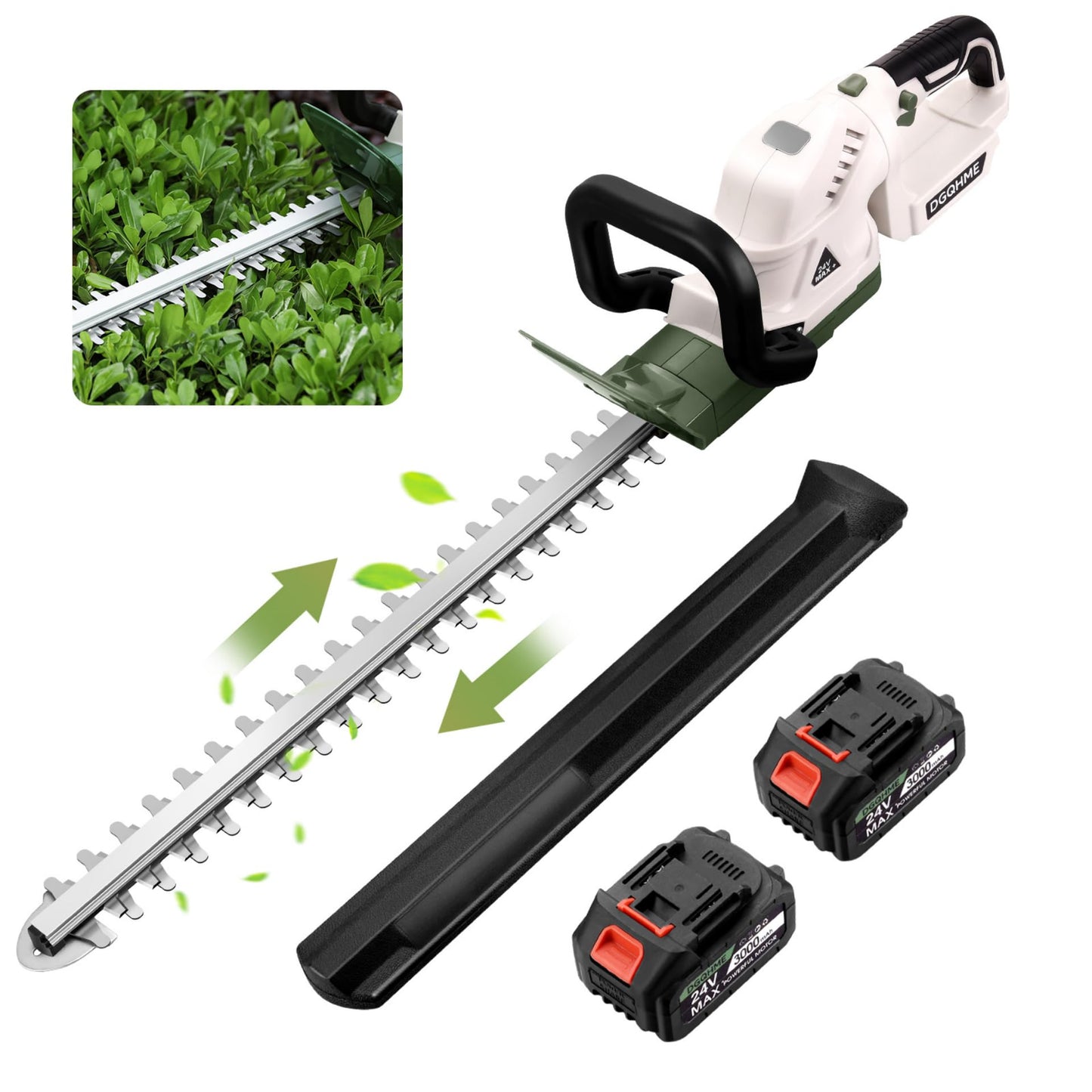 DGQHME 20" Hedge Trimmer Cordless,Electric Bush Trimmer with 2 Pack Rechargeable Batteries,Lightweight Hedge Trimmers,3000RPM 180°Rotatable Head,3/4" Blade Gap