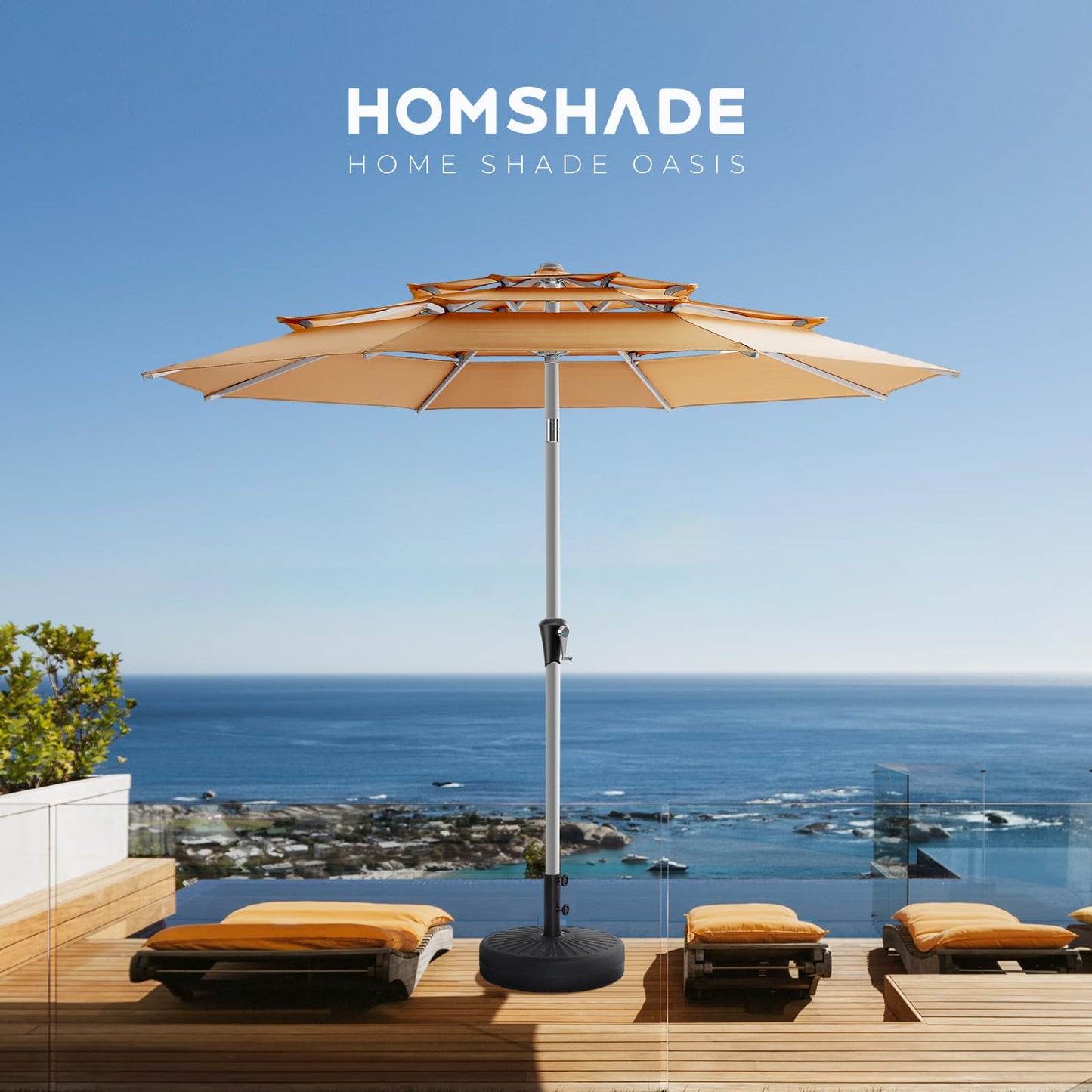 HOMSHADE 9ft Aluminum Patio Umbrella - 3 Tiers Vented Outdoor Commercial Market Table Umbrella, Heavy Duty Wind Proof Deck Pool Umbrellas UPF50+ UV Protection 5-Year Fade Resistant (Beige)
