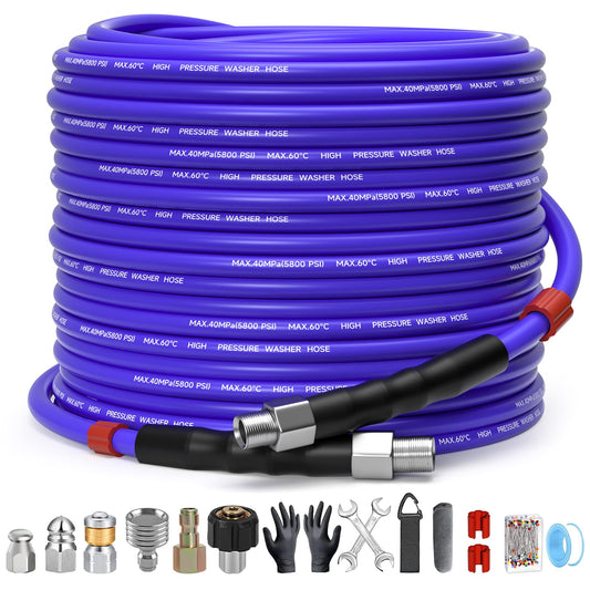 TUTULUCK 100FT Sewer Jetter Kit for Pressure Washer 1/4"NPT Drain Cleaner Hose 5800PSI Corner Rotating and Button Hose Sewer Jetting Nozzle Pearl Corsage Pin Tape Handle Strap Spanner