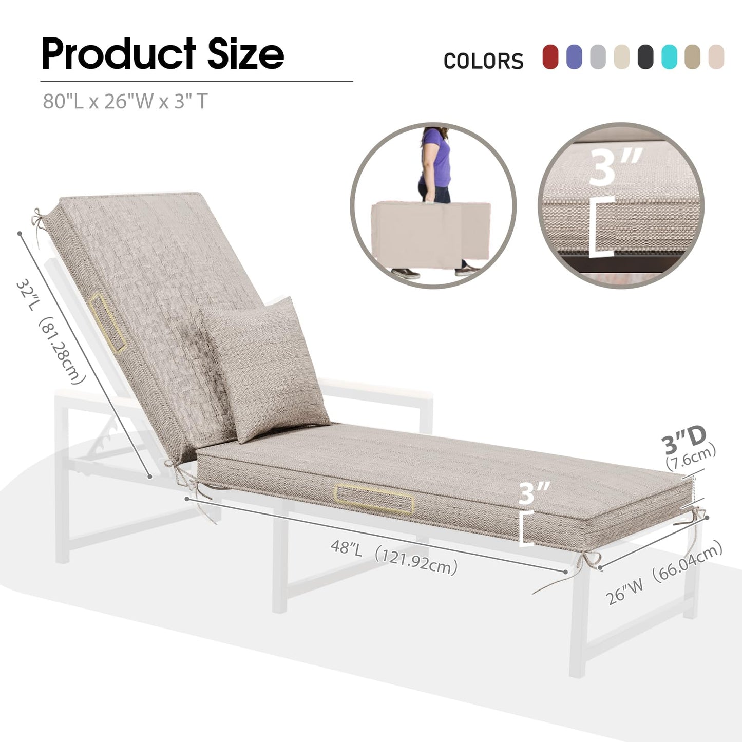 Chaise Lounge Cushions Outdoor Set of 2, Olefin Waterproof and Fade Resistant Patio Furniture Lounge Chair Cushions with Removable Cover, Lounger Pad with Handle & 16 Strap, 80x26x3 Inch, Light Beige