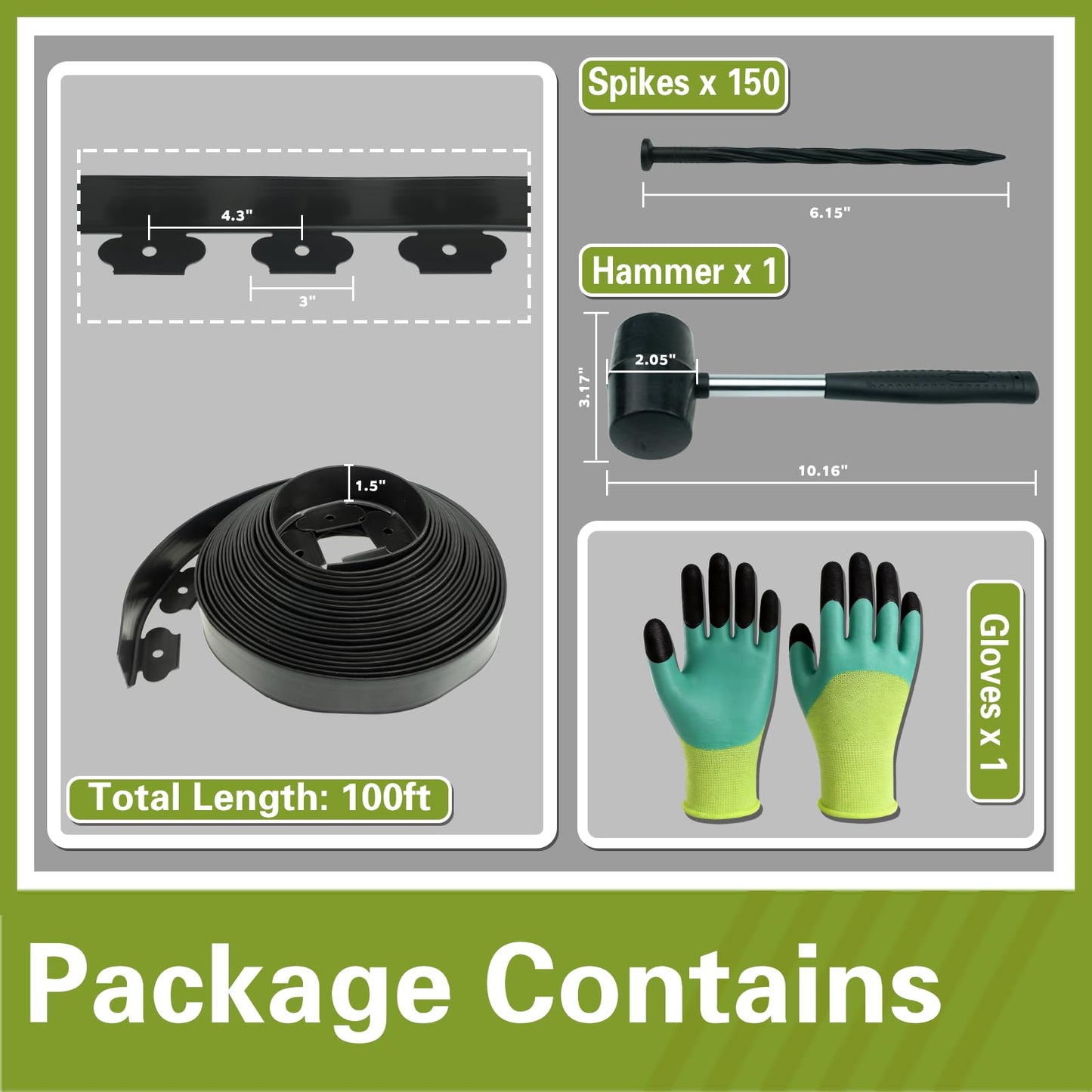 1.5in x 100ft No Dig Landscape Edging, Garden Edging Border with 150 Spikes, Hammer & Gloves, Tool-Free HDPE Lawn Edging Kit for Garden Yard Flower Beds Pathway Landscaping Project