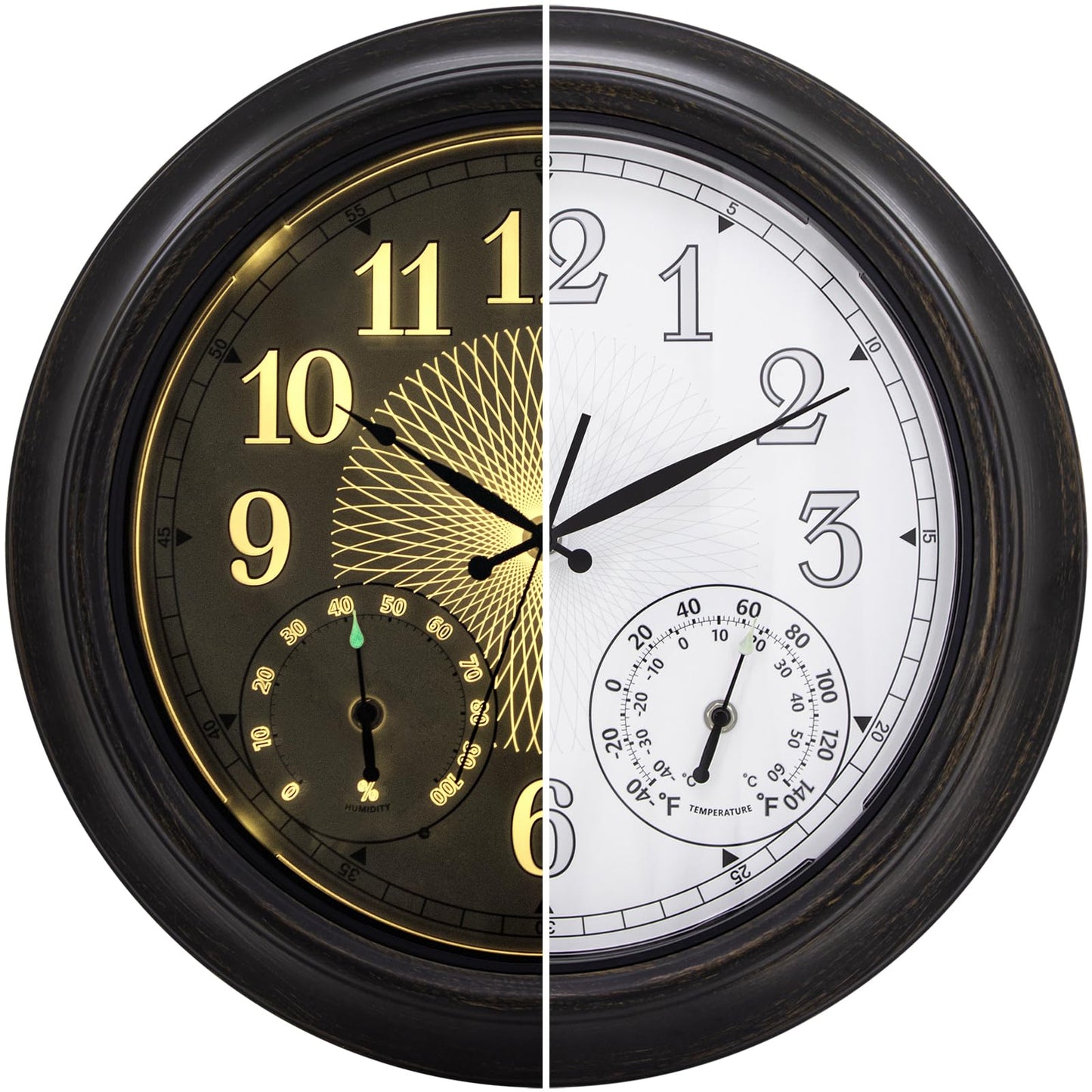 NESIFEE 18 Inch Illuminated Indoor Outdoor Clock Waterproof with Thermometer Hygrometer Smart Sensor Large Black Metal Wall Clocks Battery Operated for Patio, Garden, Living Room, Bedroom, Pool, Porch