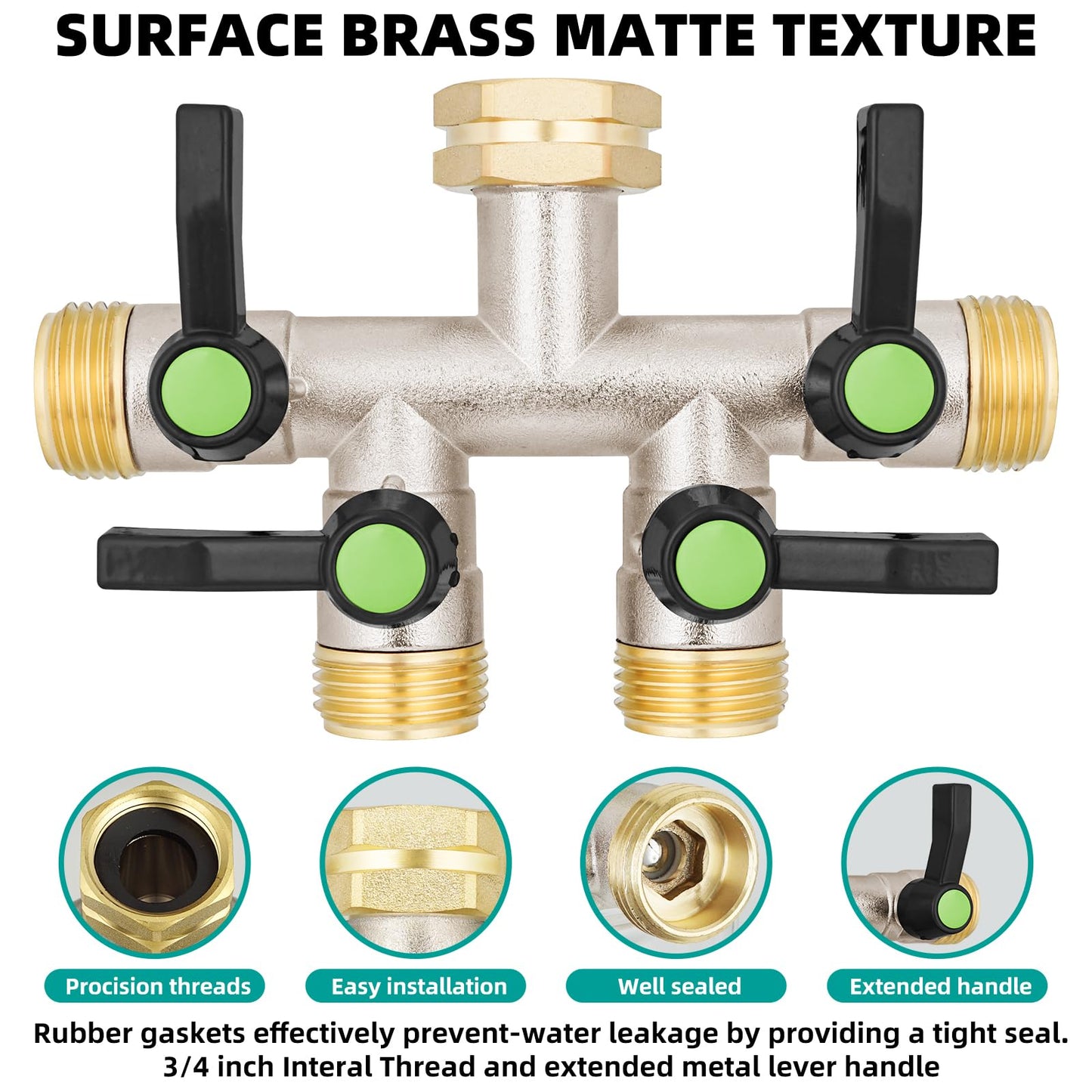 DINGBAI 4 Way Hose Splitter, Brass High Flow Garden Hose Splitter Heavy Duty, Hose Connector, Water Spigot Splitter, Full Flow Faucet Splitter with shutoff, 3/4” GHT Inlet
