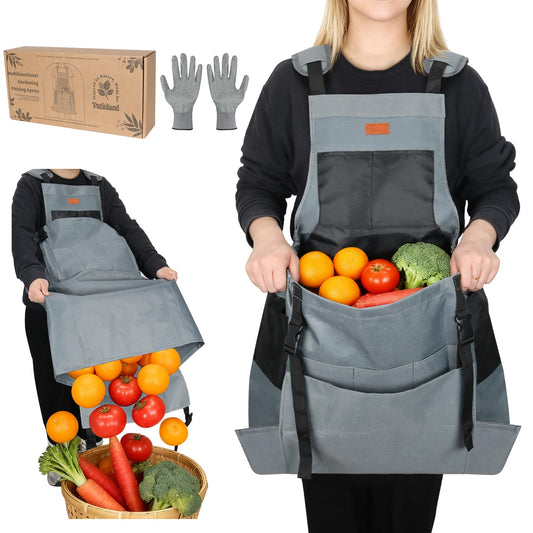 Garden Harvest Apron, Patioland Gray Adjustable Fruit Picking Apron w/Bottom Release Pocket,Gardening Apron with Gloves for Women & Men, Fruit Picking and Foraging Apron for Gardeners, Gardening Gifts