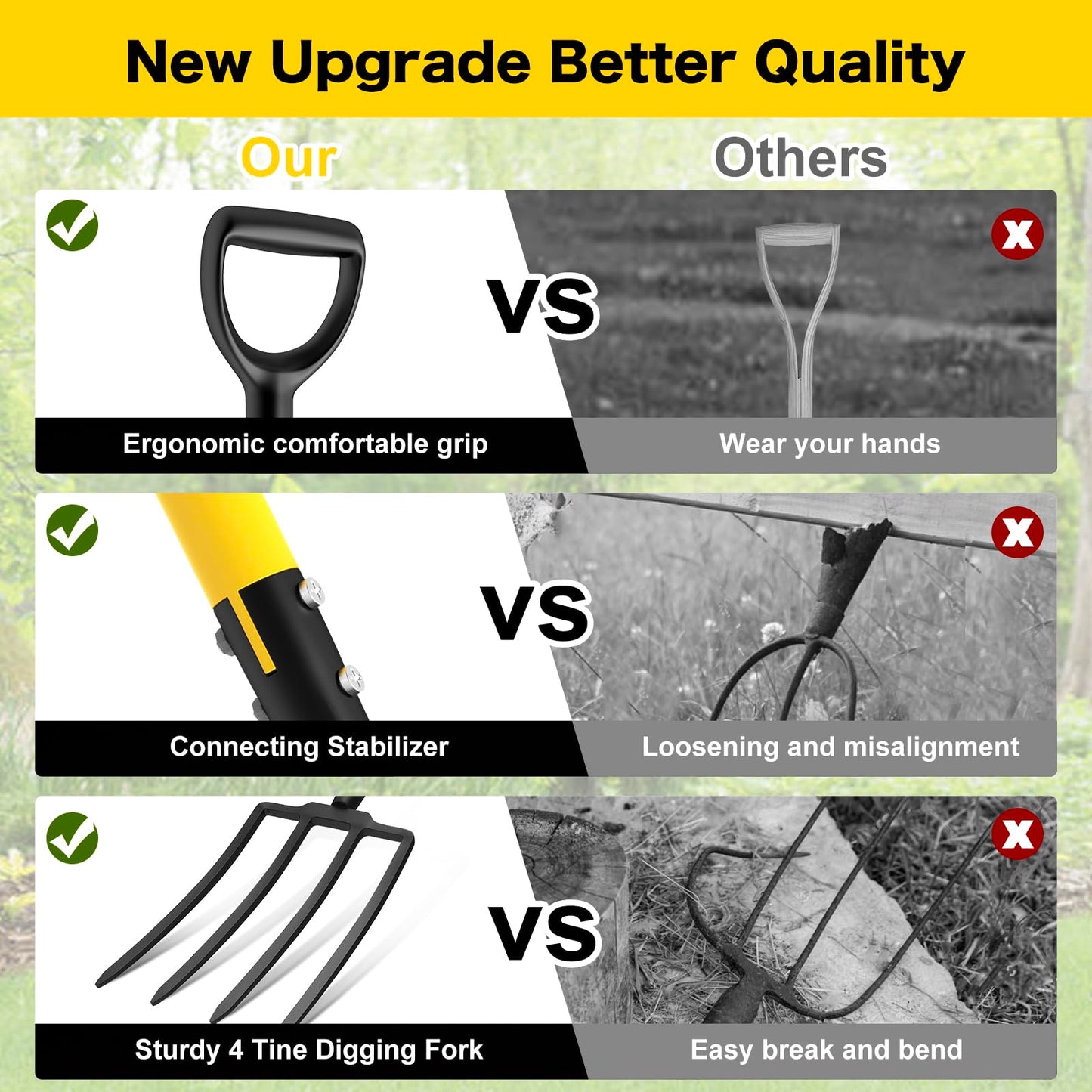 Pitch Fork, 4 Tine Heavy Duty Garden Fork with Ergonomic No-Slip D-Grip Handles, 45 Inches Long Handle Spading Fork, Perfect for Gardening Digging, Land Management, Yard work, Farming (Black)
