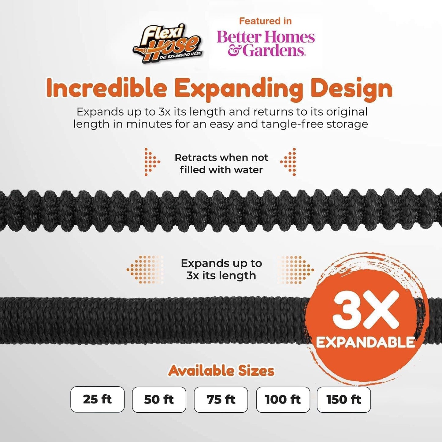 Flexi Hose Expandable Garden Hose with 8 Function Nozzle, 50FT - Lightweight Retractable Garden Hose, Water Hose - No-Kink Flexibility, 3/4 Inch Solid Brass Fittings and Double Latex Core