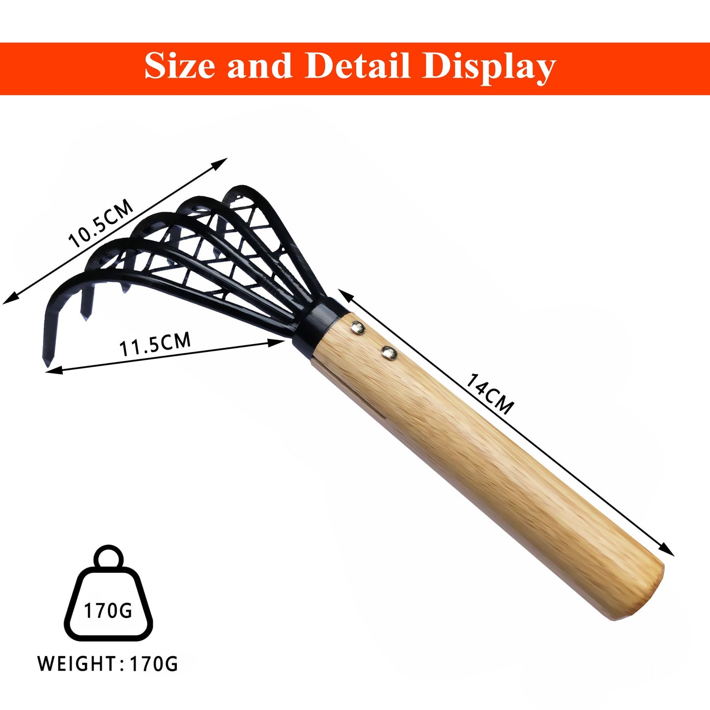 SHANFEEK Garden Rake 5-Claw Landscape Dethatcher Thatching Beach Combing Rake for Digging Clam Shell Defoliation Hoe Garden Tool for Loosen The Soil (Brown)