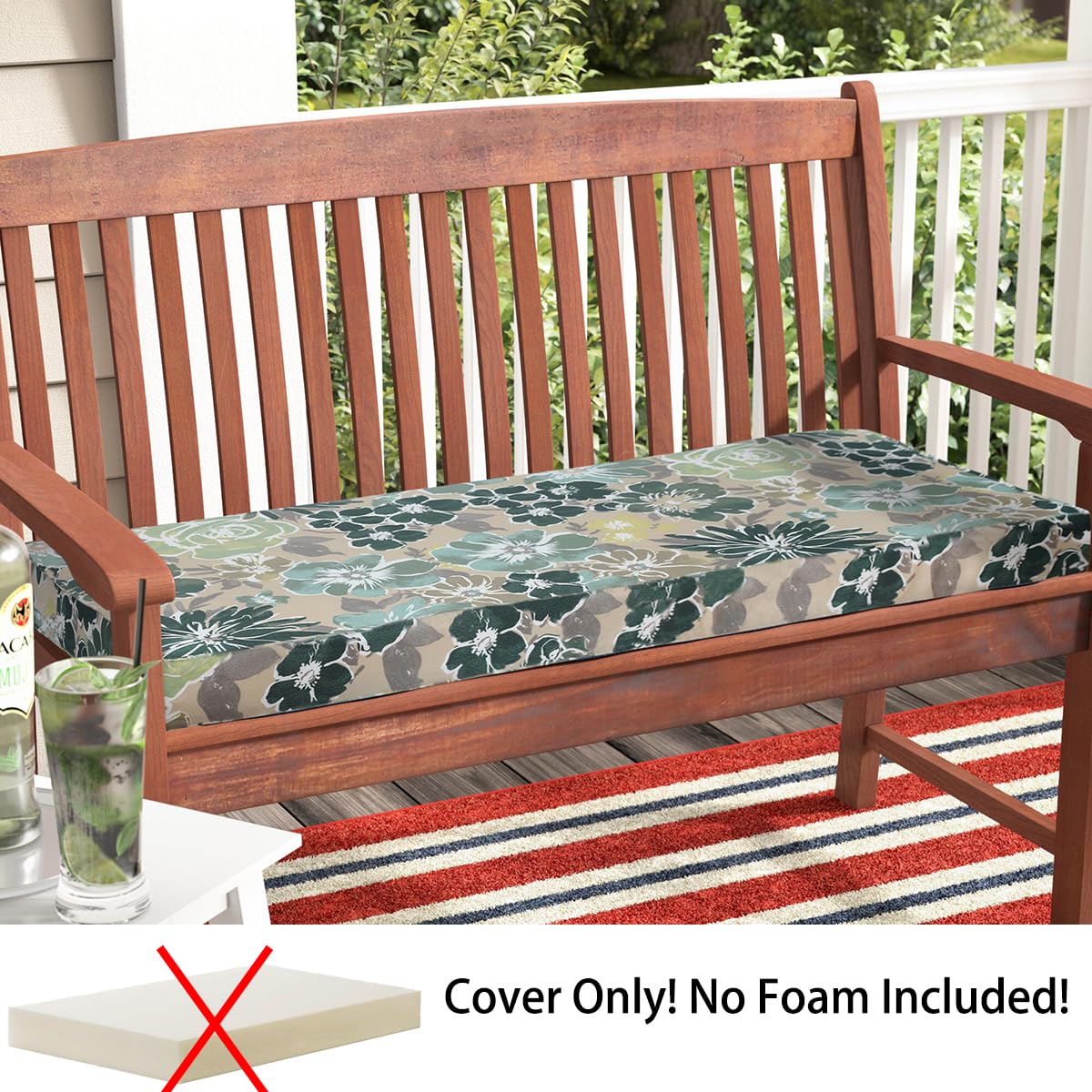 Magpie Fabrics Patio Bench Loveseat Cushion Covers (Replacement Cover only, No Insert!), Waterproof Fade Resistant Swing Cushion Slipcover with Ties(45x18x3 Inch, Green Floral)