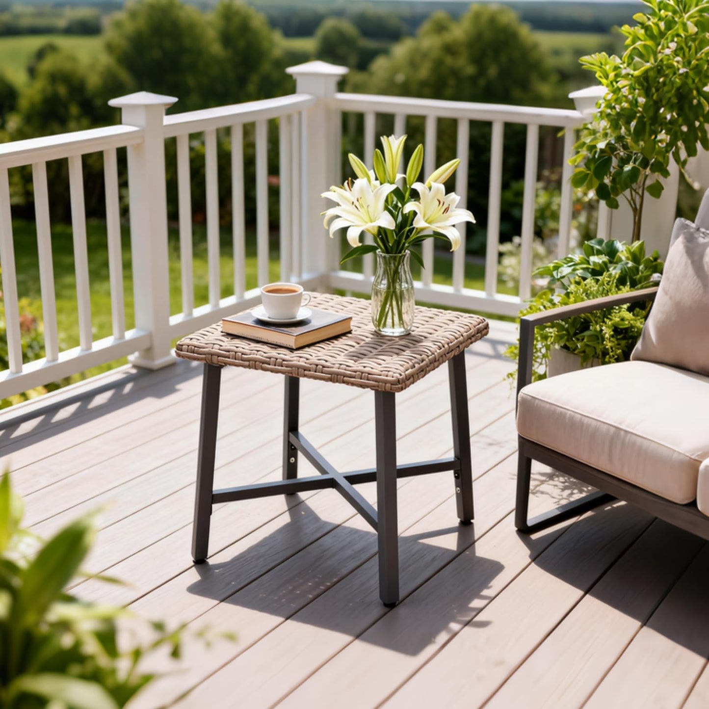 MOLIBYME Outdoor Wicker Side Table,Small Square End Table, Patio PE Rattan Side Table Adopt Sturdy Galvanized Steel Frame for Balcony Porch Deck (Brown)
