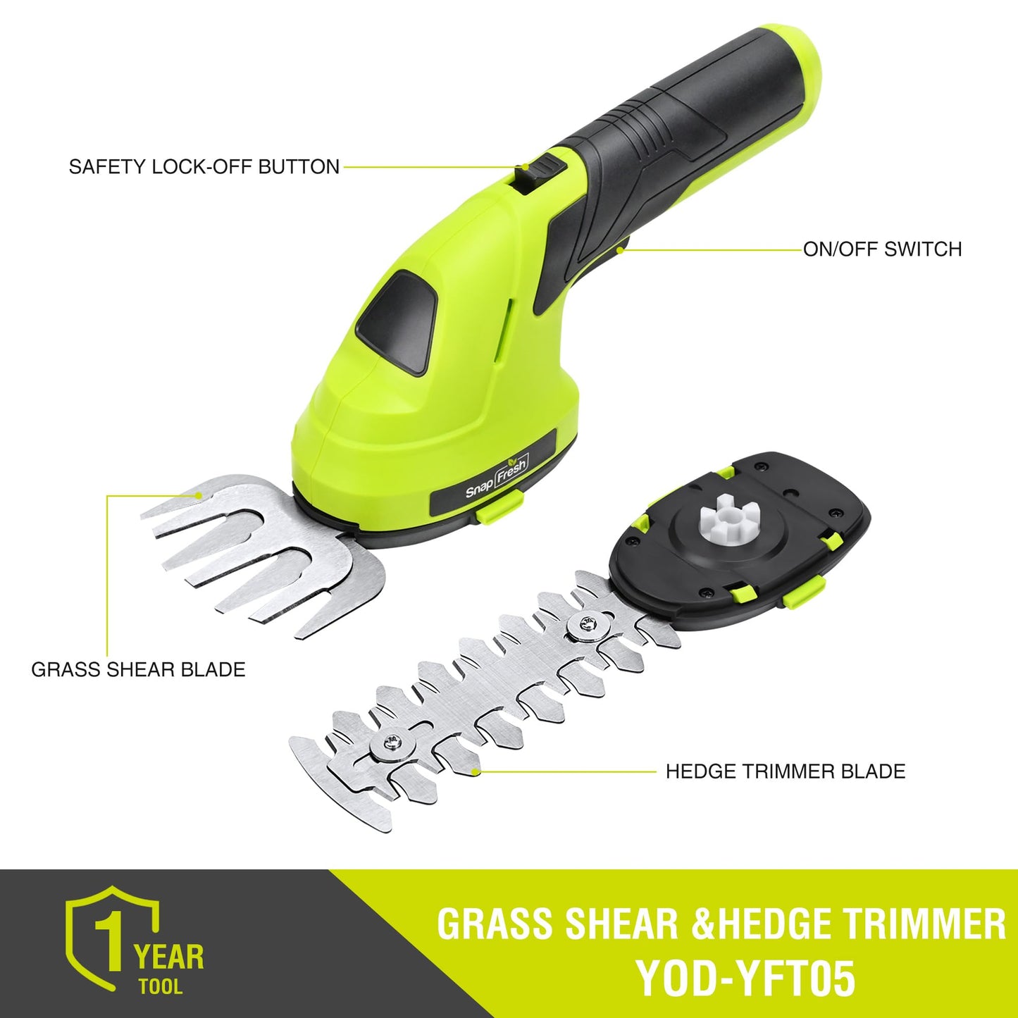 SnapFresh Cordless Grass Shears & Hedge Trimmer, 2-in-1 Handheld Electric Lightweight Hedge & Shrub Trimmer with Battery for Garden Yard Lawn, 2.0Ah Battery & USB-C Charging Cable Included