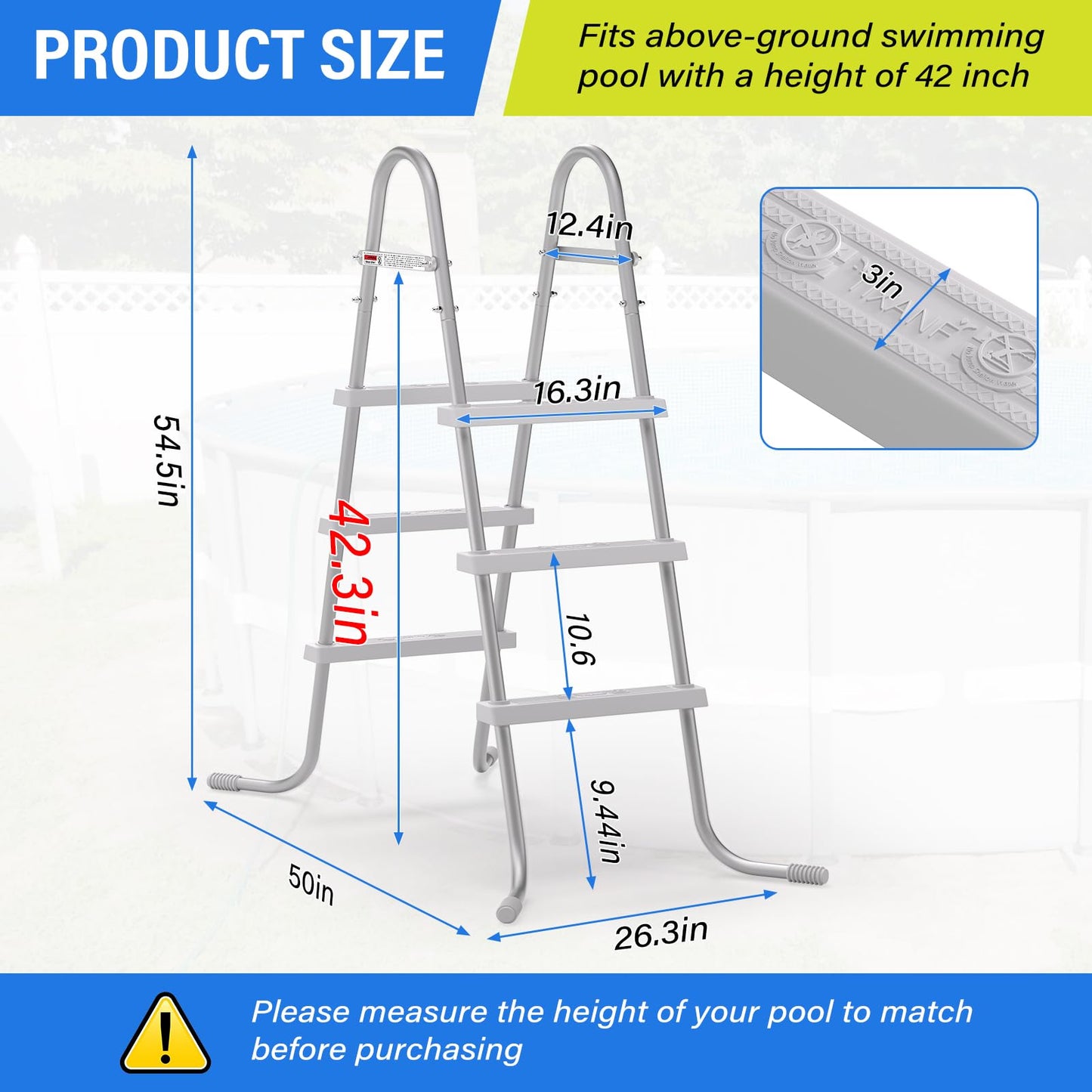 TIXANF 42" 3-Step Steel Frame Above Ground Swimming Pool Ladder,Heavy Duty Double Sided Removable Pool Steps,Pool Ladder Steps with Non-Slip Plastic Steps for Entry and Exit