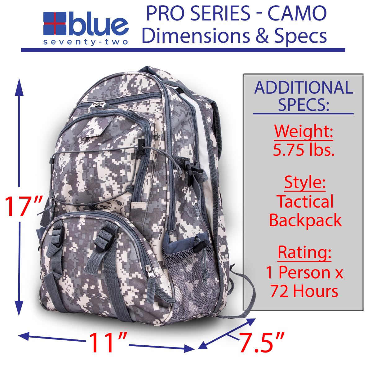 Blue Coolers Blue Seventy-Two - Pro Series - Camo Deluxe | 72 Hour Emergency Backpack Survival Kits for 1 Person | Survival Kit for Wildfires, Earthquakes, Tornado, Hurricane, and Other Emergencies