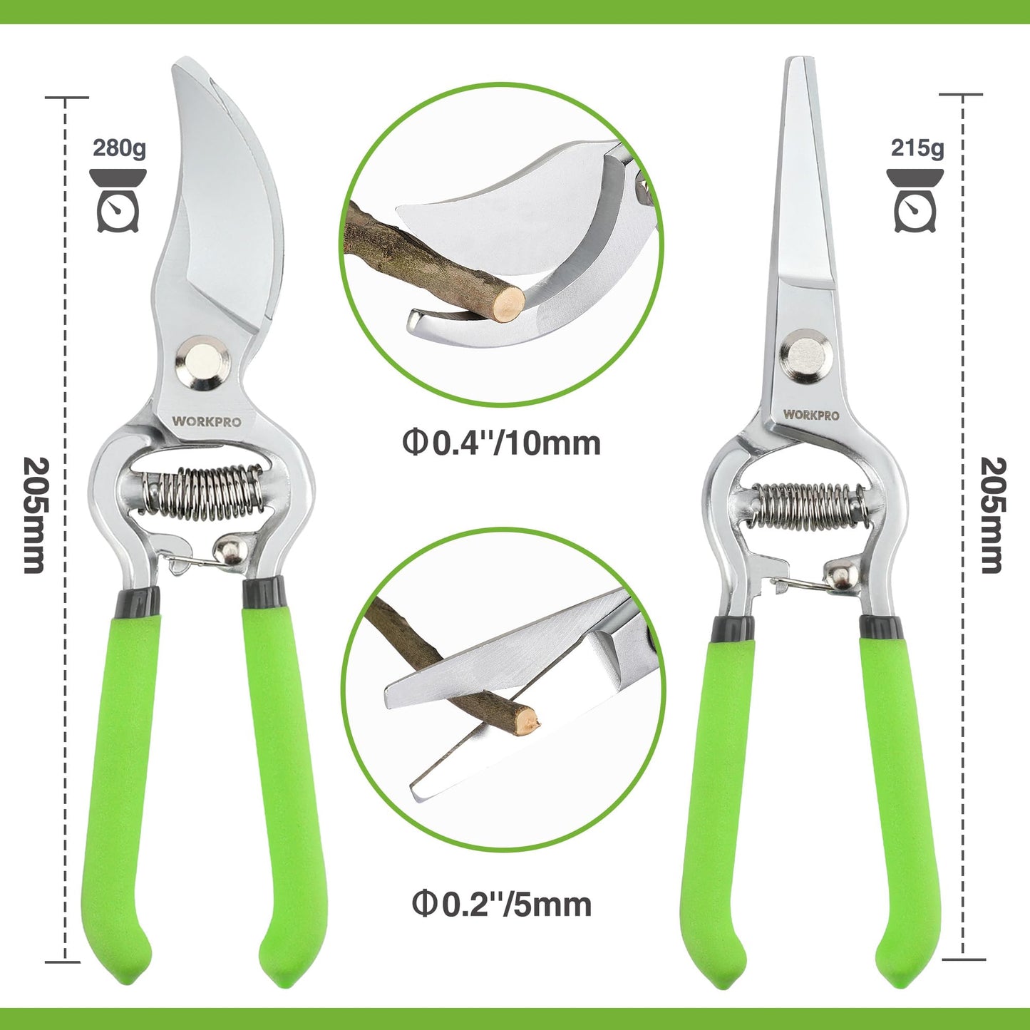 WORKPRO 2-Piece Pruning Shears and Garden Tool Belt Set, Gardening Belt with 5 Pockets and Adjustable Waist Belt, 8" Bypass Garden Shears and 8'' Handing Pruner with Steel Straight Blade