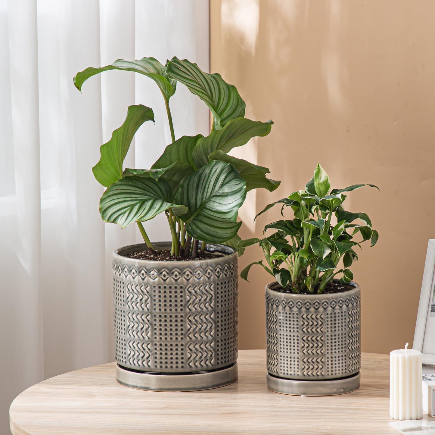 POITONRU Indoor-Outdoor Ceramic Plant Pots: 8 Inch Flower Pots with Drainage Hole & Saucer - Decorative Ceramic Pots for Plants Herbs Succulents - Home Garden Patio Lawn Use