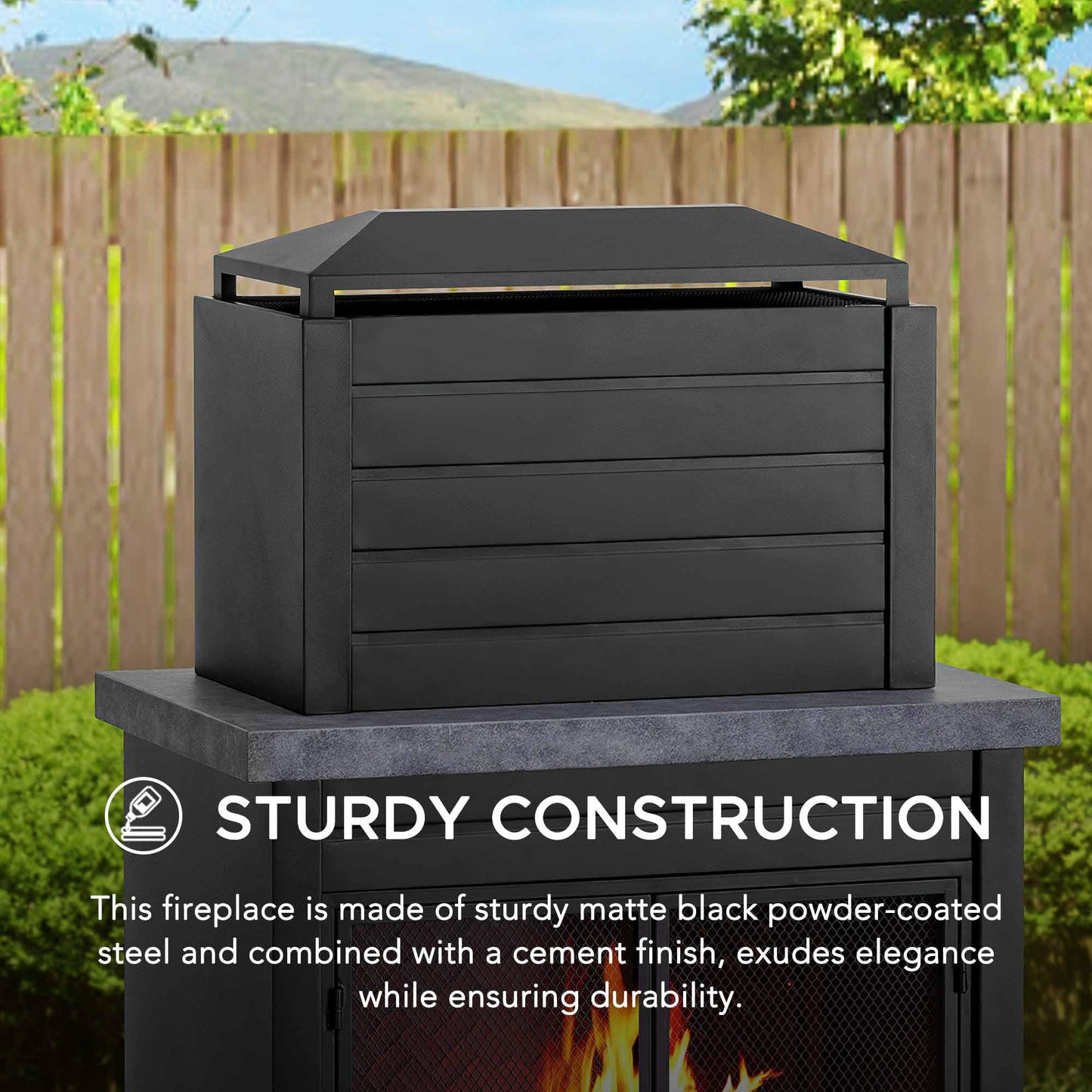 Sunjoy Wood Burning Fireplace – Matte Black Outdoor Steel Fireplace with Chimney, Log Holders, Fireplace Tool, and PVC Cover