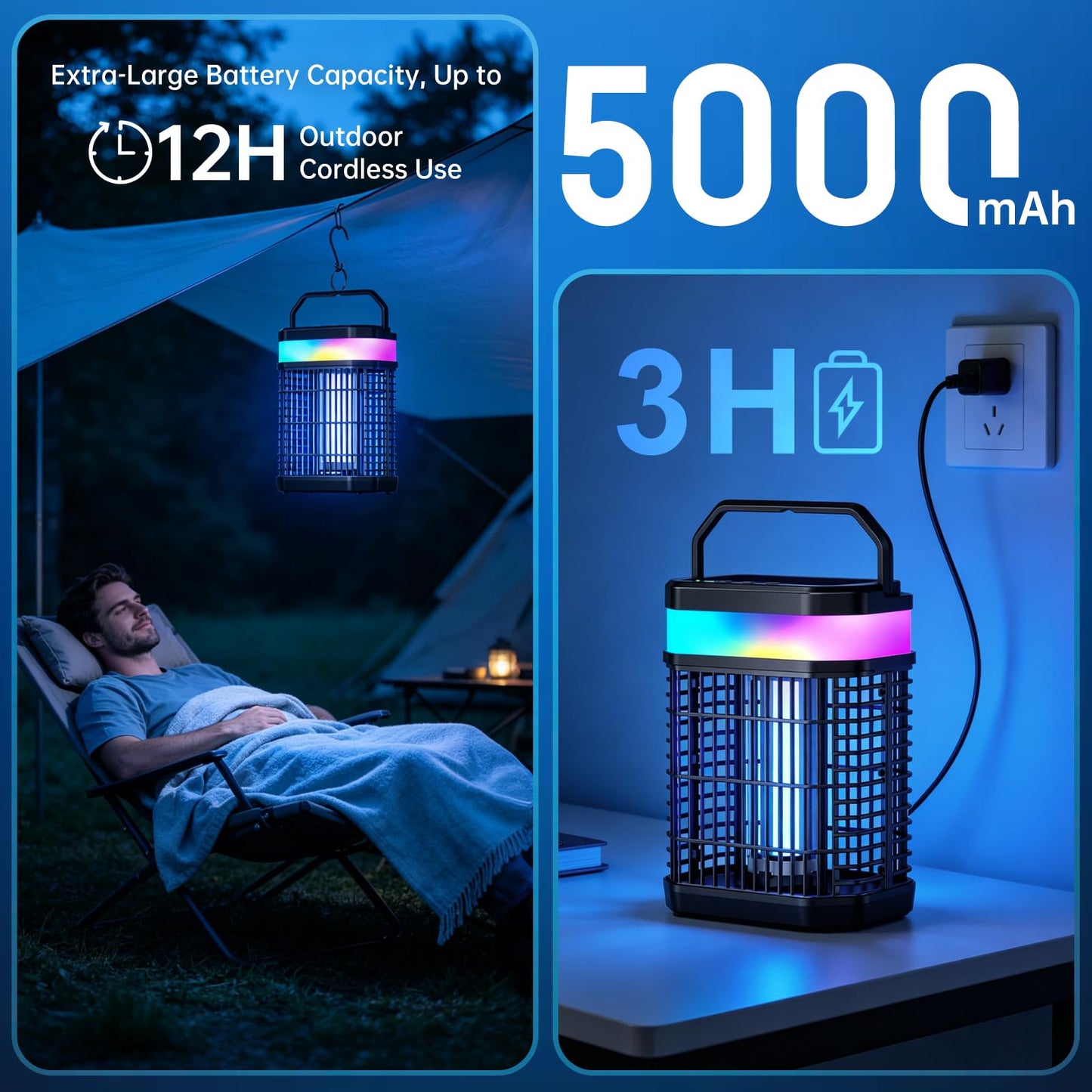 Solar Bug Zapper Outdoor, 4 in 1 Portable & Rechargeable Bug Zapper Outdoor with 5000mAH Battery, 4000V Mosquito Zapper Waterproof with LED Night Light, for Camping, Patio, Backyard (Black)