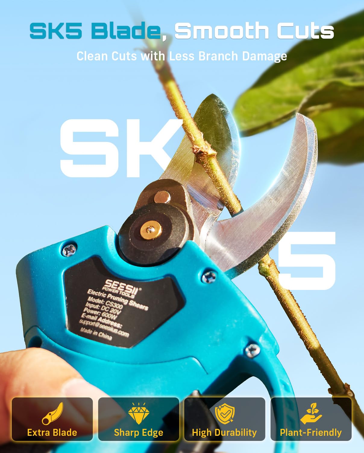 SEESII Electric Pruning Shears for Garden: 1.2" Cutting Diameter Cordless Power Pruner, 2*2000mAh Batteries, Brushless Motor, Extra SK5 Blade, 2 Modes Battery Powered Branch Cutter for Tree Trimming