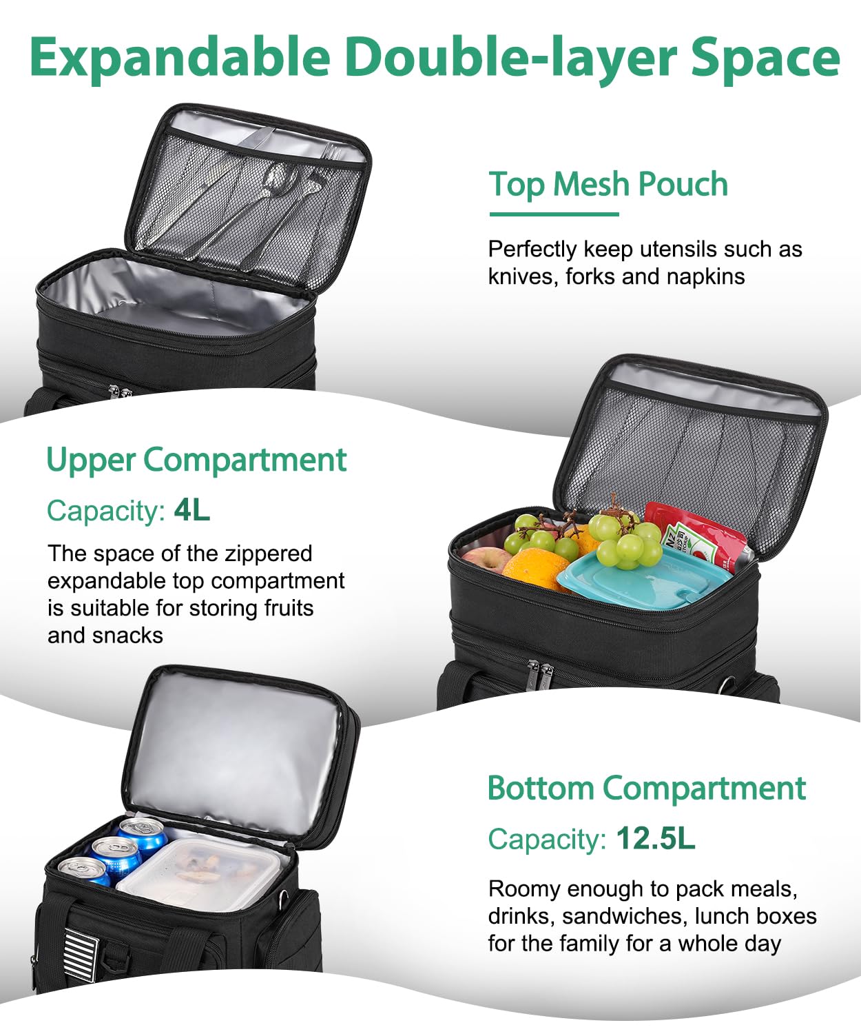 Tactical Lunch Box for Men, Large Insulated Lunch Bag for Adult, Heavy Duty Double Deck Expandable Lunch Cooler Bag with American Flag, Leakproof Soft Lunch Pail for Work Office Camping - Black
