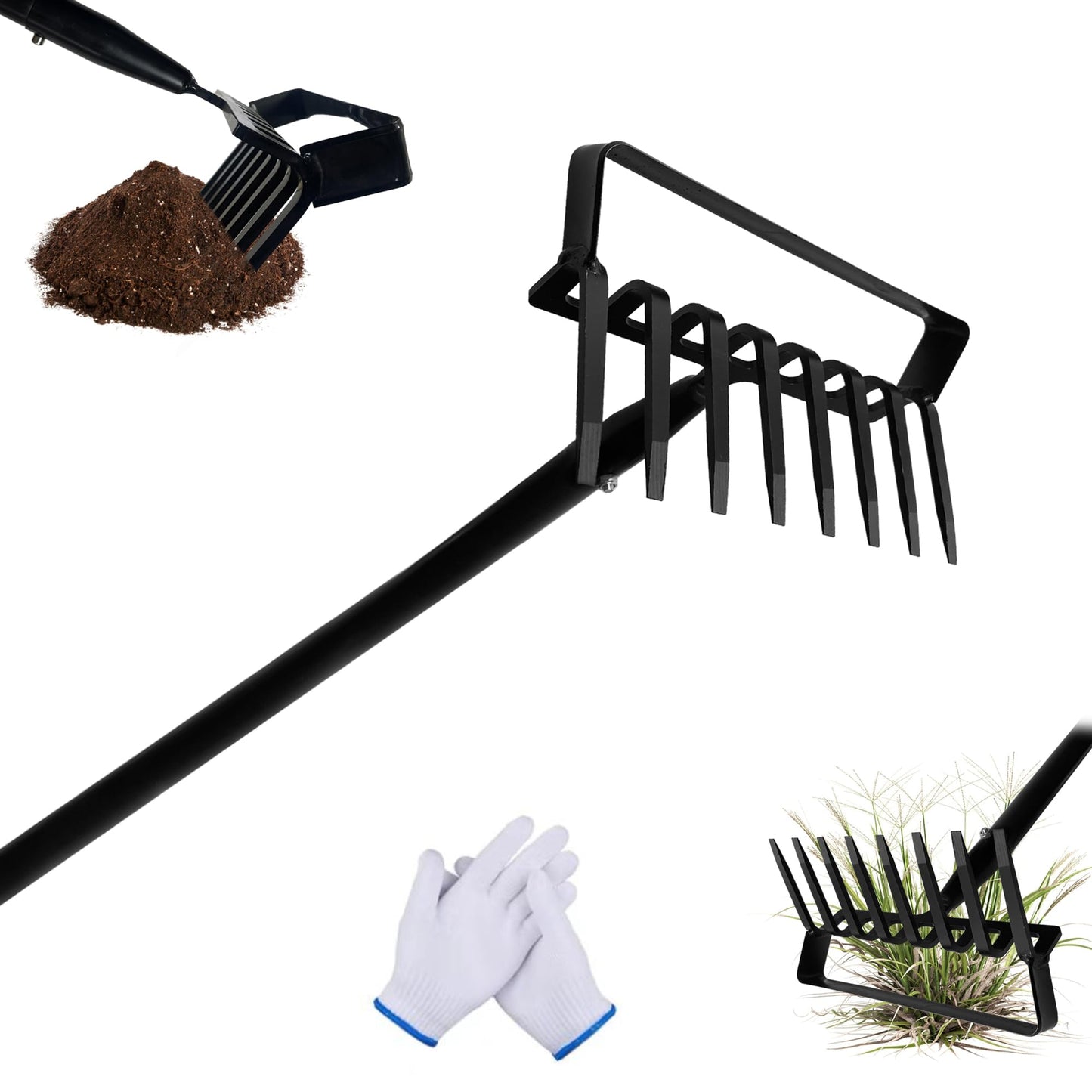 8-Tines Rake and Stirrup Hoe, Metal Garden Tiller Rake with Adjustable Long Handle, Action Scuffle Loop Hoe for Weeding, Digging, Loosening Soil