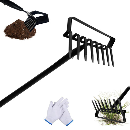 8-Tines Rake and Stirrup Hoe, Metal Garden Tiller Rake with Adjustable Long Handle, Action Scuffle Loop Hoe for Weeding, Digging, Loosening Soil