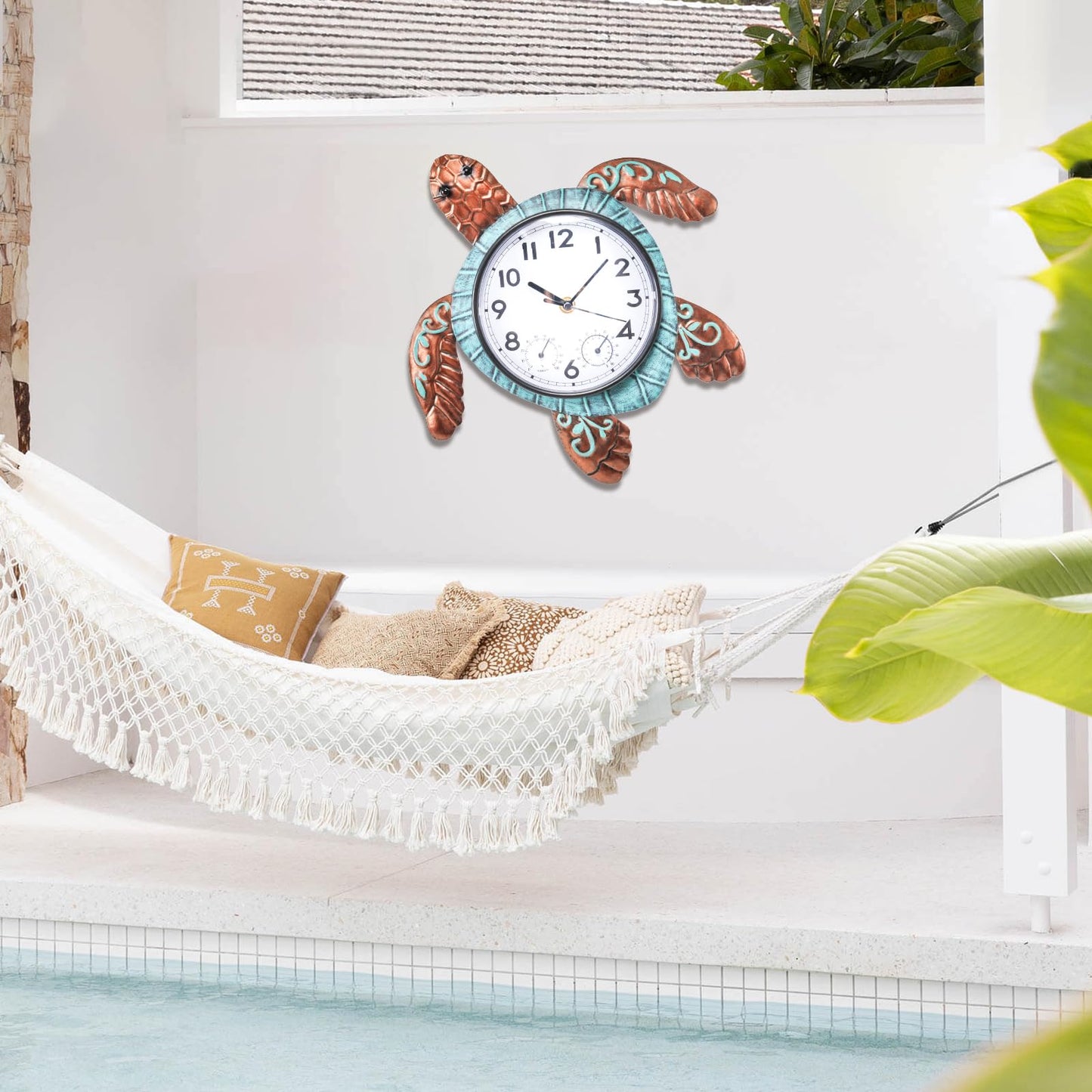 MUMTOP Turtle Outdoor Clock Waterproof, 12.6 Inch Outside Wall Clock with Thermometer Combo for Patio Pool Garden Home Decor