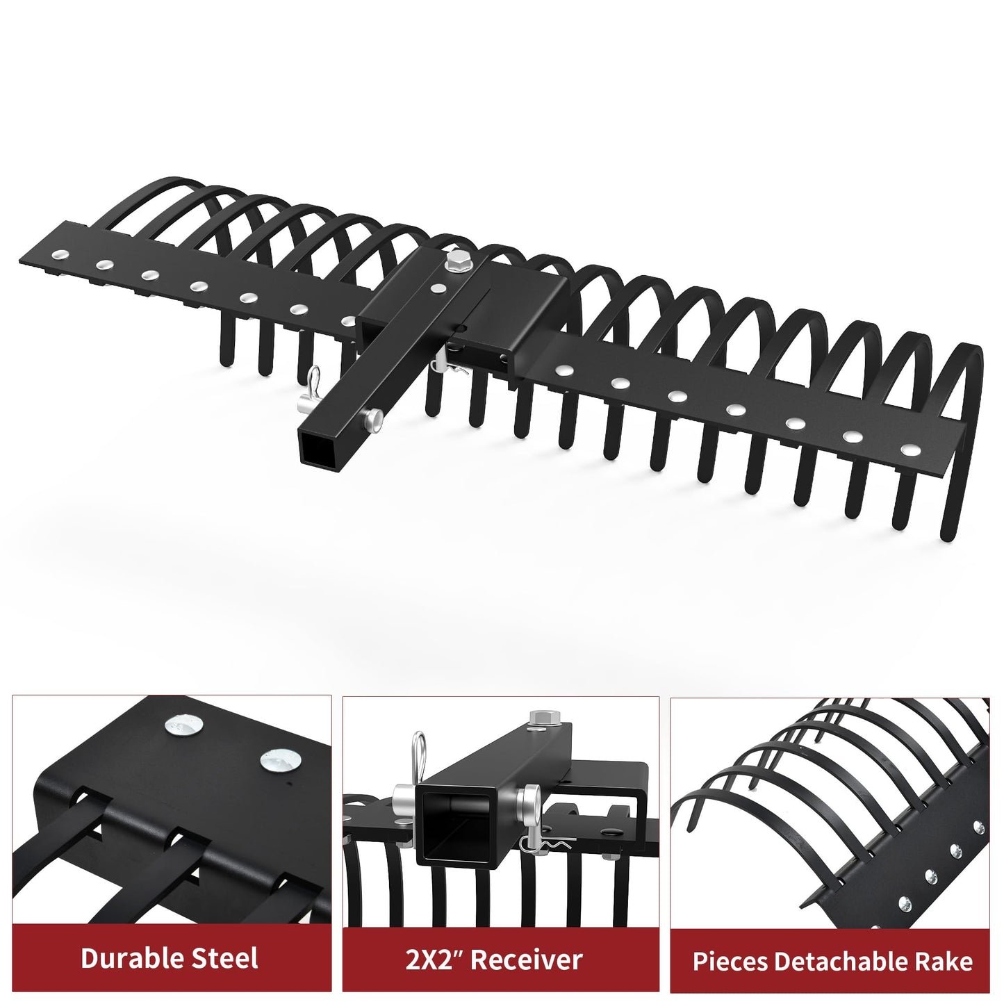 YITAMOTOR 48" Tow Behind Landscape Rake, 2" Receiver Lown Dethatcher Rack with 17 Steel Tines for ATV/UTV & 3-Point Hitch Systems Tractor, for Leaves, Debris, Grass, Pine Needles