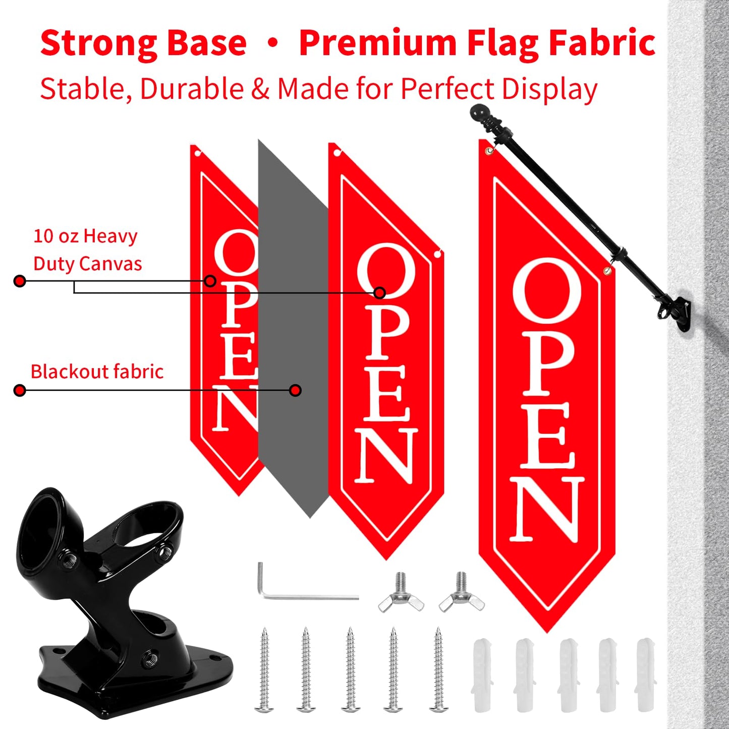Locking Metal Cash Box with Key – 10.2"x5.7"x2.8" Money Collection Safe for Farm Stand or Retail – OPEN Flag Banner Kit with Pole & Bracket, Double-Sided Canvas Open Sign 42"x12" (Red)