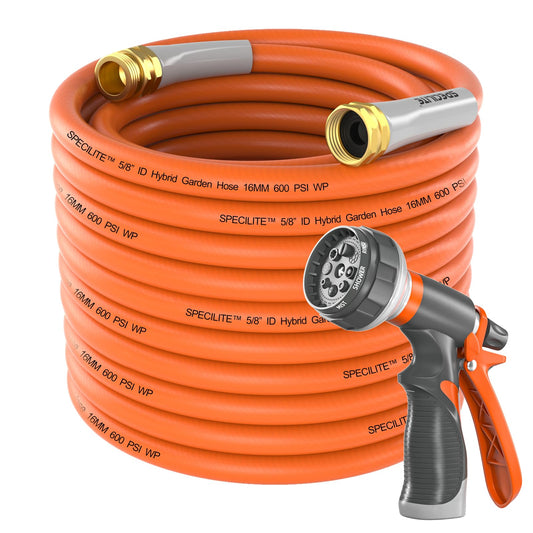 SPECILITE Garden Water Hose 200 ft x 5/8 in Heavy Duty, Flexible and Lightweight, Burst 600 psi, Kink-less Hybrid Rubber Pipe for Backyard, 3/4'' Brass Fittings, Orange