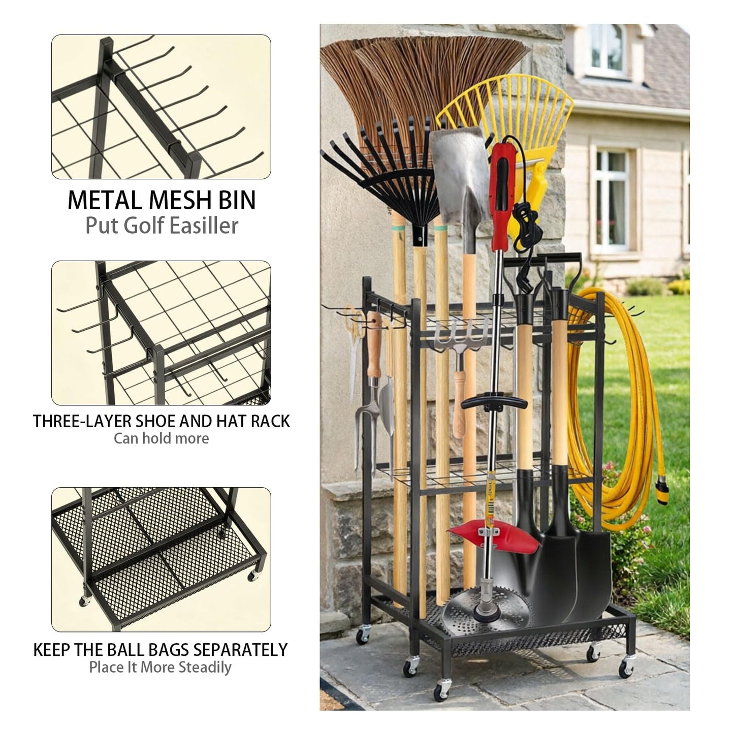 Garden Tool Organizer Rack with Wheels Up to 30-35 Tools, Heavy-Duty Steel Yard Tool Organizer for Garage Storage with 11 Hooks, Broom Holder & Garden Tool Rack for Shed, Patio, Lawn, Outdoor, Black