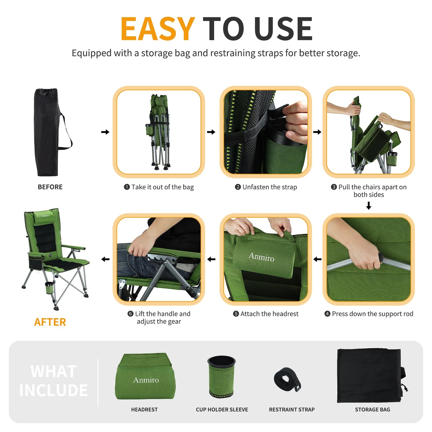 Anmiro Folding Camping Chair with Cup Holder and Storage Bag, Heavy Duty Support 400 LBS, Oversized Collapsible Portable Adjustable Back Support Camping Chair for Outdoor Lawn Patio Balcony