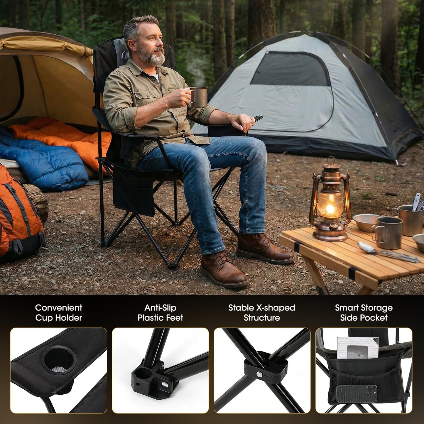 MOON LENCE Heavy Duty Camping Chair, 450LBS Capacity Folding Chair with Cup Holder & Cooler Bag, Portable Outdoor Chair for Camping, Backyard, RV and Beach, 1 Pack