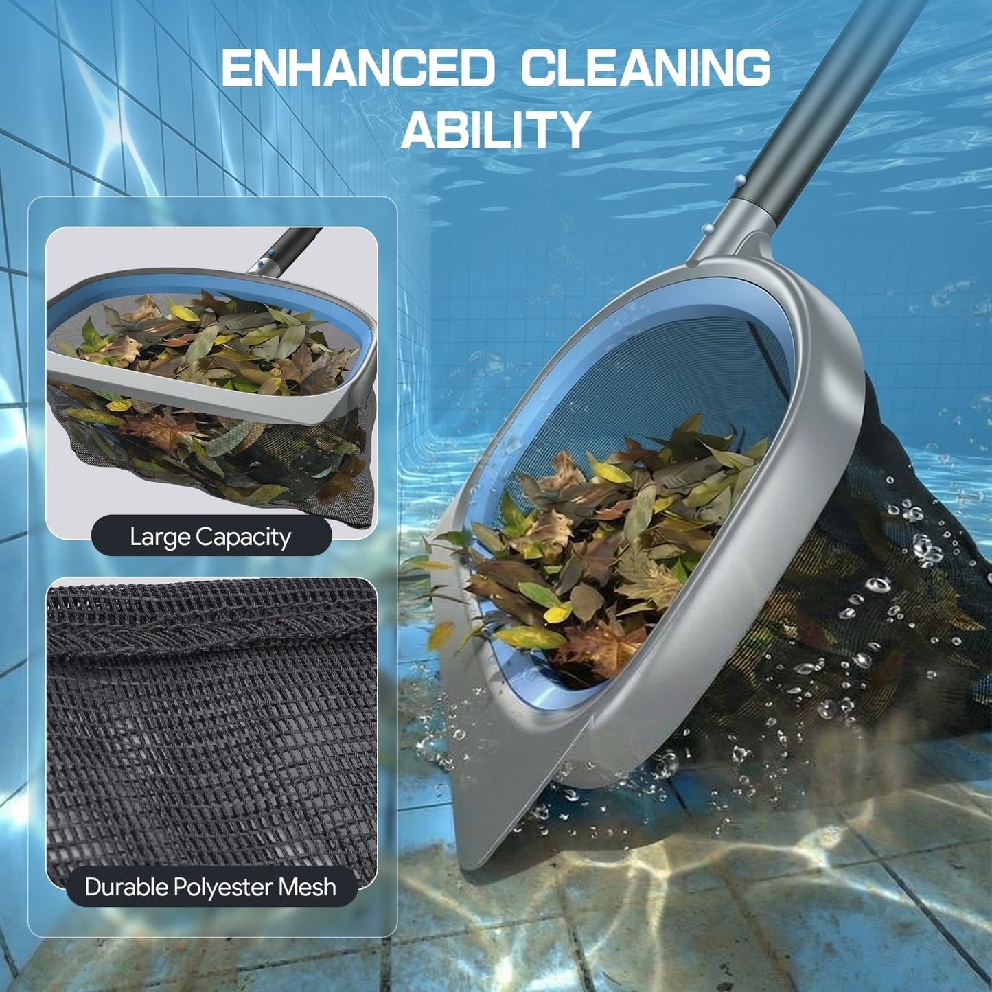 UIRWAY 3-in-1 Deluxe Swimming Pool Cleaning Kit - Includes Upgrade Heavy Duty Triangular Pool Vacuum Head, Detachable Brush, Deep Leaf Skimmer Net Inground & Above Ground Pools Cleaning(No Pole)