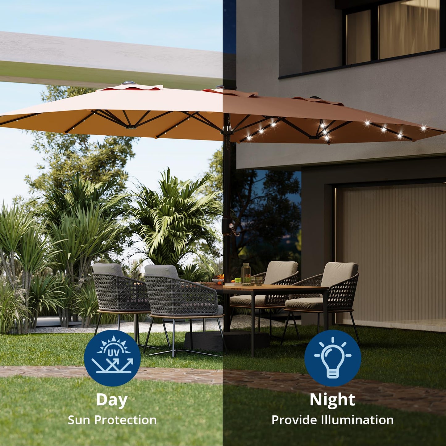 GarveeTech 15FT Solar Patio Umbrella with 36 LED Lights, Weighted Base Included, Tilt and Crank Market Umbrella for Backyard, Garden, Deck, Pool, Beach, Beige