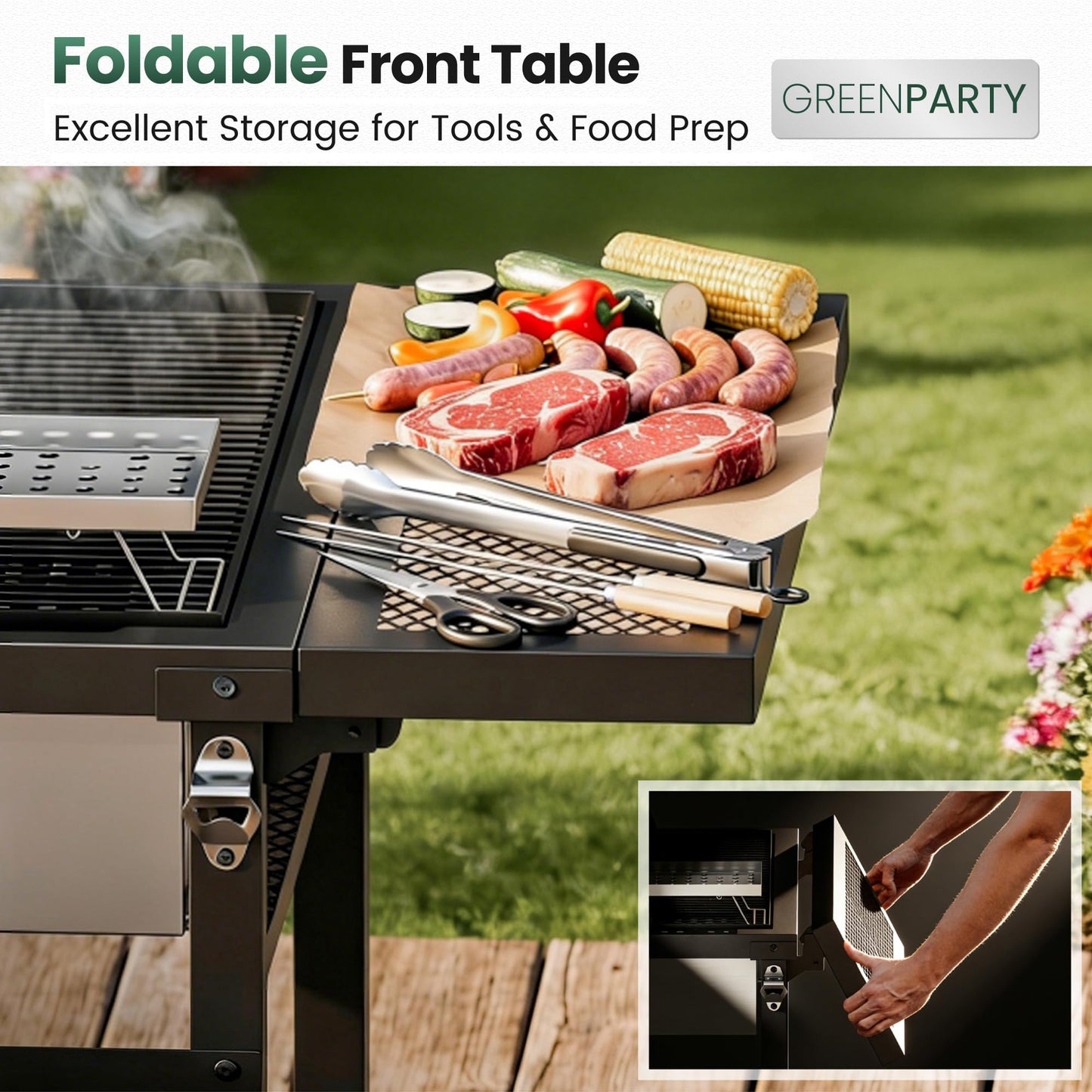 Argentine Santa Maria Grill, Wood Fire & Charcoal BBQ Grill with Adjustable Height Grates, Argentinian Open Fire Grill with S-Hooks and Foldable Front Table for Outdoor Patio Backyard Gaucho Grilling