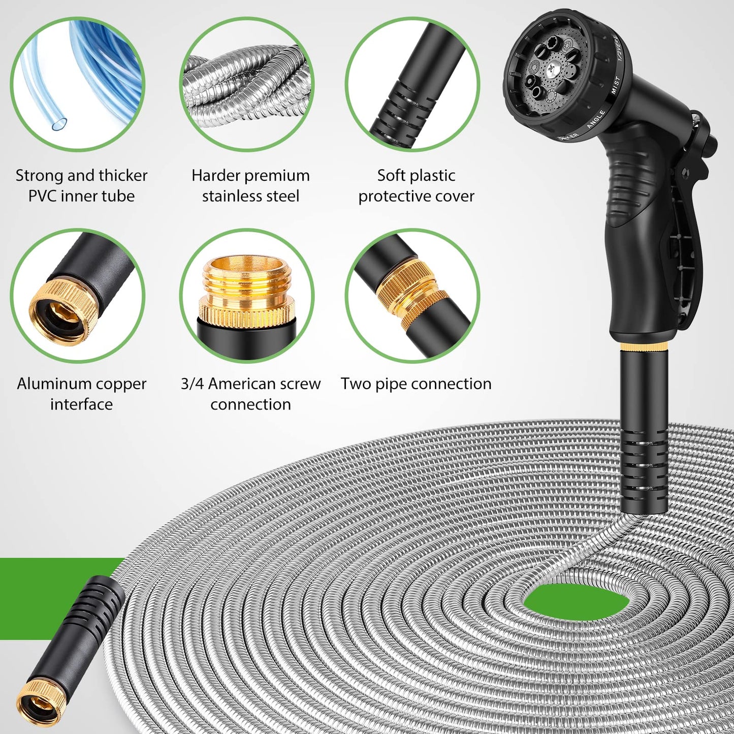 Garden Hose Metal 100FT, Stainless Steel Heavy Duty Water Hose With 10 Function Nozzle, No-Kink, Tough & Flexible, Sturdy and Lightweight, Rust Proof for Yard, Outdoor, RV