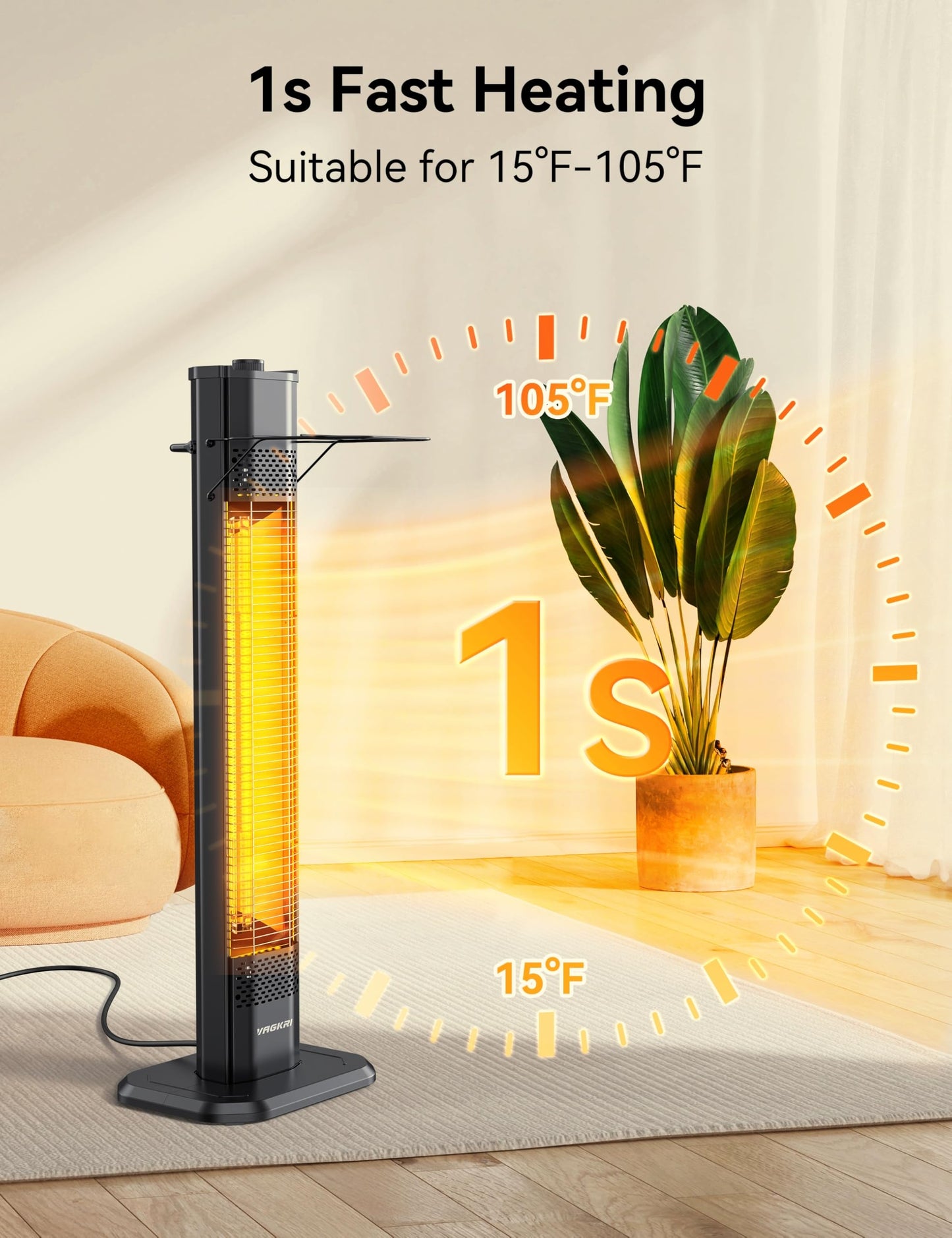 VAGKRI Outdoor Electric Patio Heater, 1500W Dual Carbon Tube Infrared Heater, Tip-Over & Overheat Protection,1S Instant Heat, IPX5 Waterproof, Tower Space Heater for Patio, Backyard & Garage