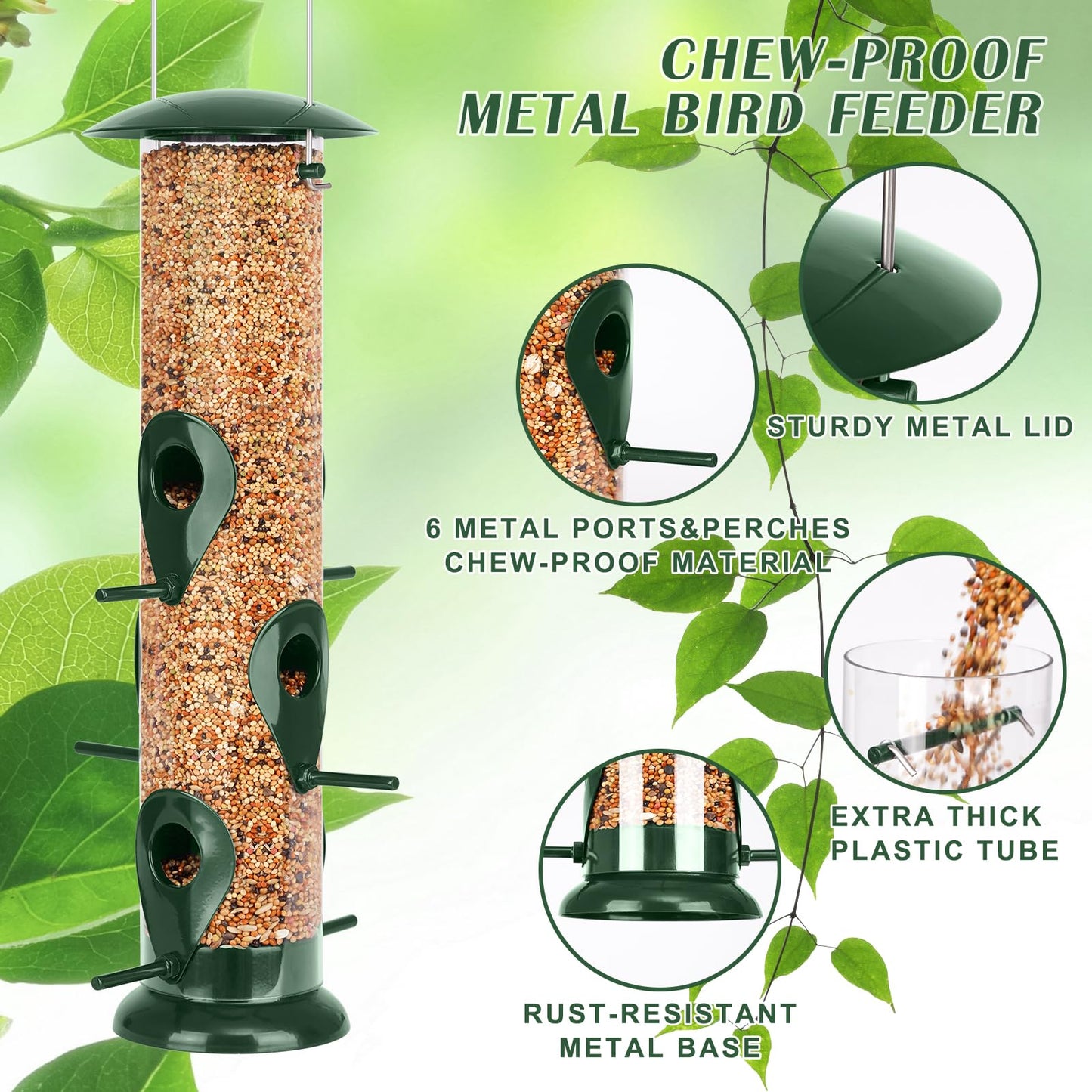 FEED GARDEN Metal Bird Feeder - 6 Port Tube Feeder for Outdoors, Heavy Duty Squirrel Proof with Metal Lid, Easy Fill & Clean, Weather Resistant, 13 Inch 2 Pack