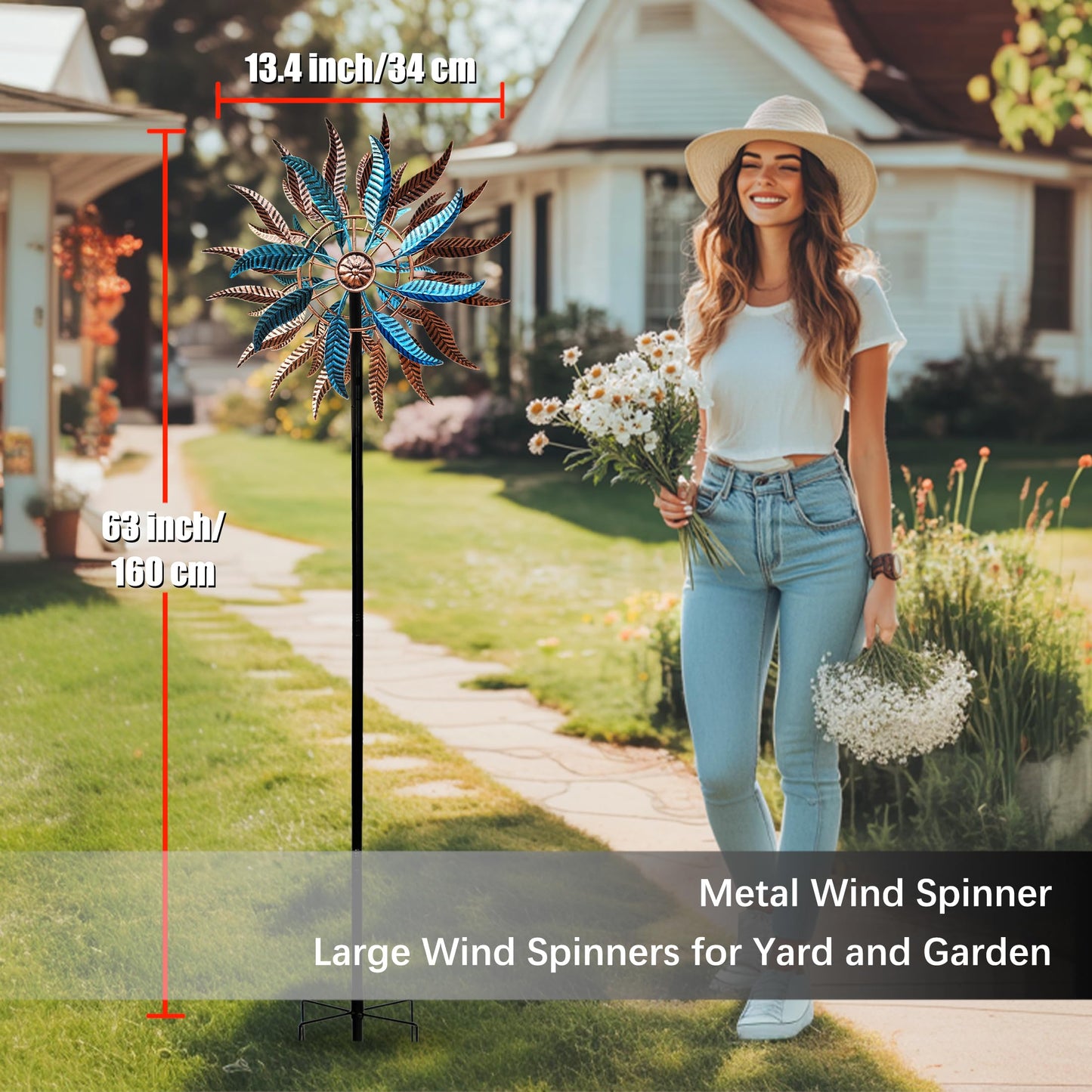 Senflame Large Outdoor Metal Wind Spinner,Two-Way Wind Sculptures,360 Degrees Kinetic Wind Spinners Yard Art Decor for Patio, Lawn & Garden 63 * 13.4 Inches