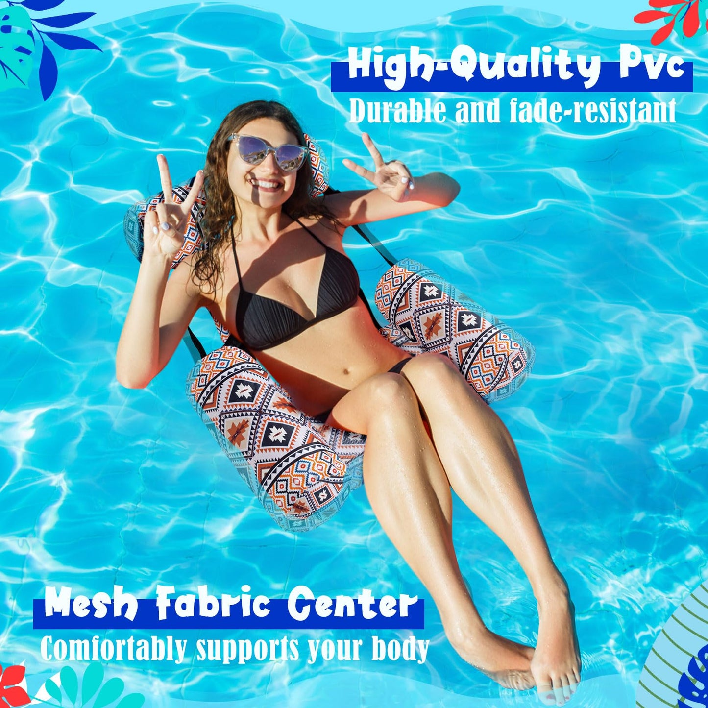 Threehoney 2 Pack Large Pool Chair Floats Adult Inflatable Pool Lounge Chair Summer Pattern Water Floating Chair Adjustable Pool Float Hammock for Swimming Pool Beach Party Game(Native Pattern)