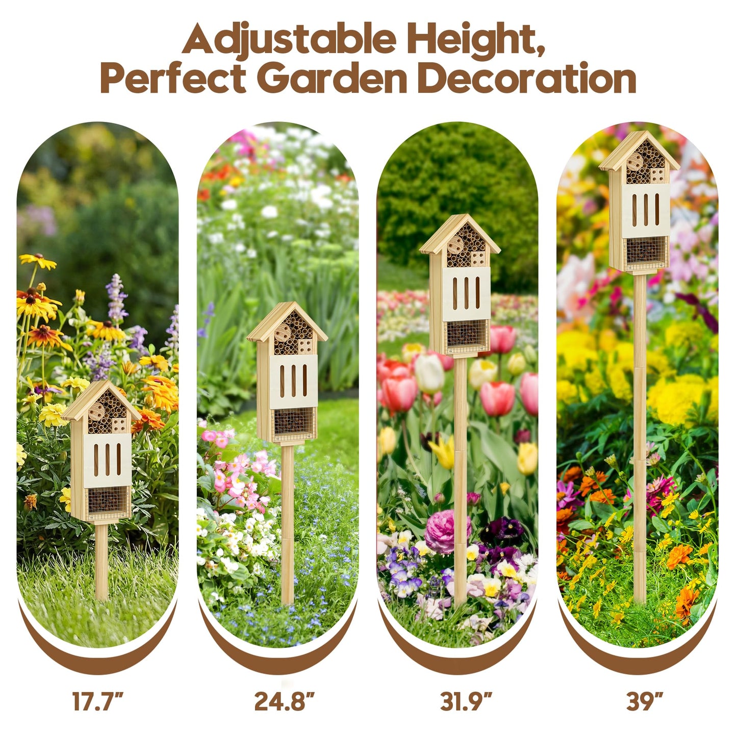 Bee House Bug Hotel & Butterfly House with Stake, Handcrafted Wooden Ladybug Hotel, Natural Insect Habitat for Garden, Patio, or Yard, Attracts Pollinators, 10.4 x 5.5 x 3.2 Inches,25 inches Stake