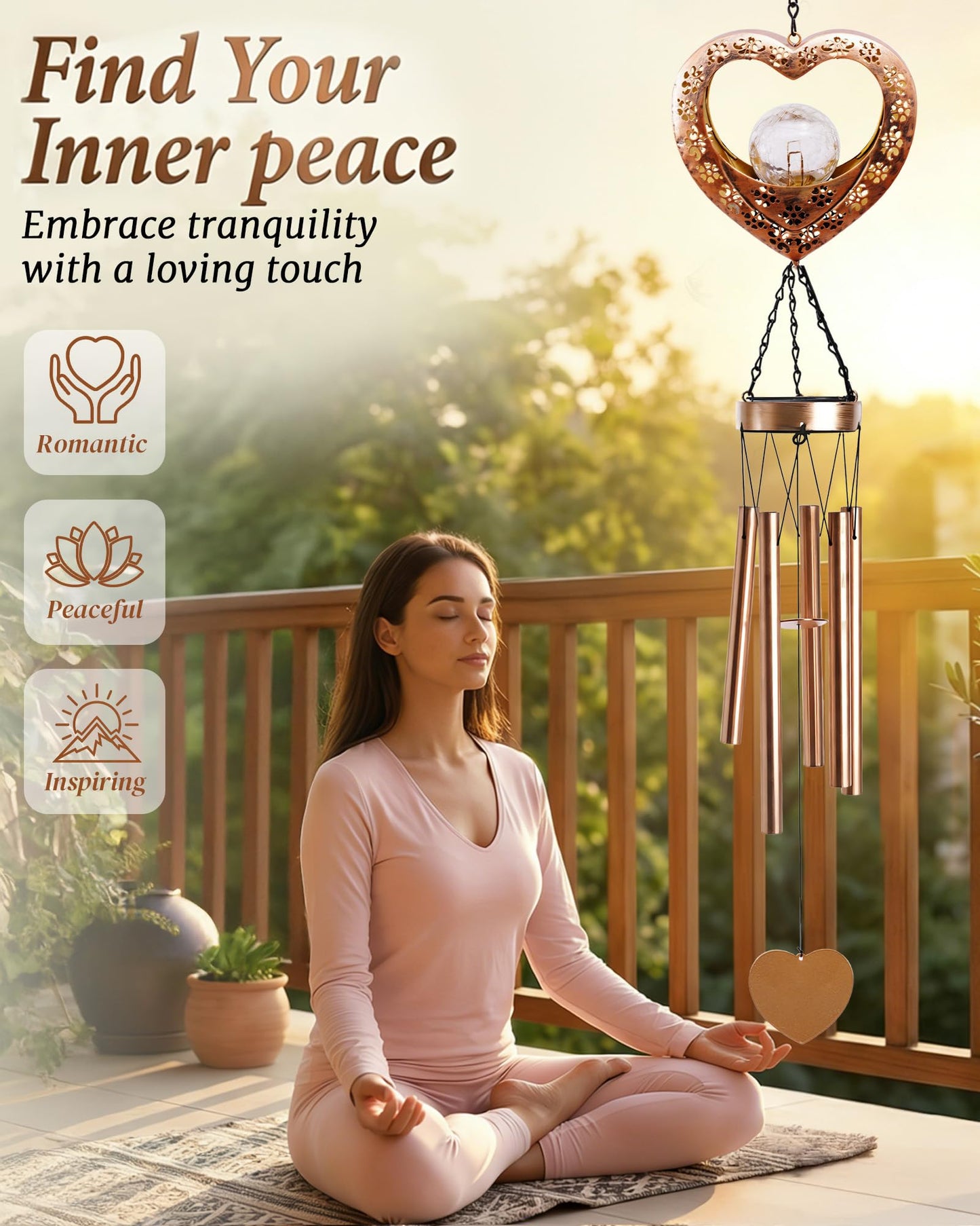 Nacome Solar Heart Wind Chimes for Outside: Weatherproof Metal Outdoor Decor Easy Hanging for Garden Patio Tree Window - Melodious Mother's Day Birthday Gifts for Mom Women Mom Grandma Her Wife