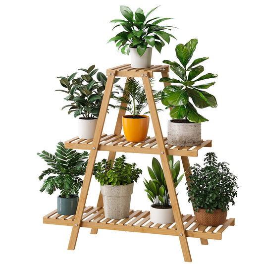 Furshus Bamboo Plant Stand - Indoor/Outdoor 3 Tier Plant Ladder, 8 Potted Flower Holder, Natural