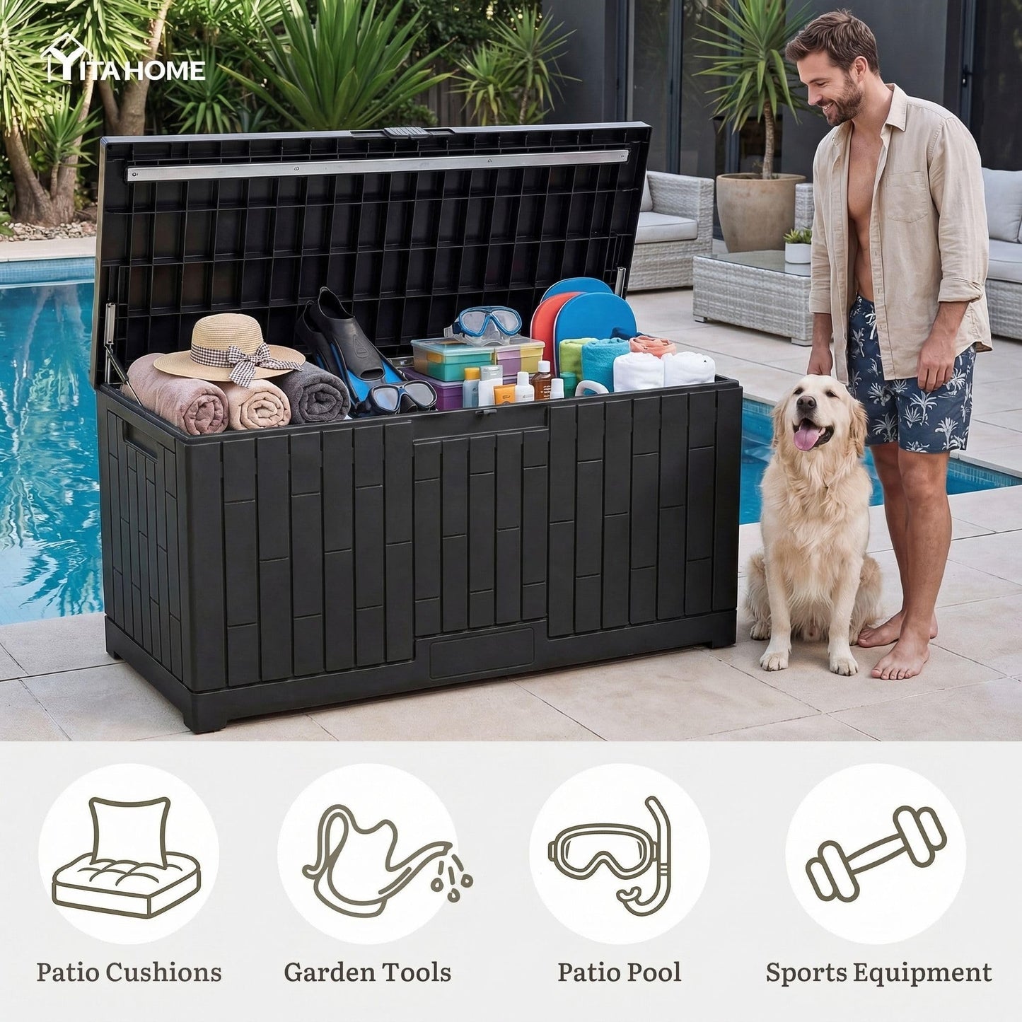 YITAHOME Large Deck Box 120 Gallon Resin Outdoor Storage Box with Slide-Locking Lid, Patio Storage Bin and Bench Seat for Outdoor Pillows, Garden Tools and Pool Supplies, Waterproof Lockable, Black