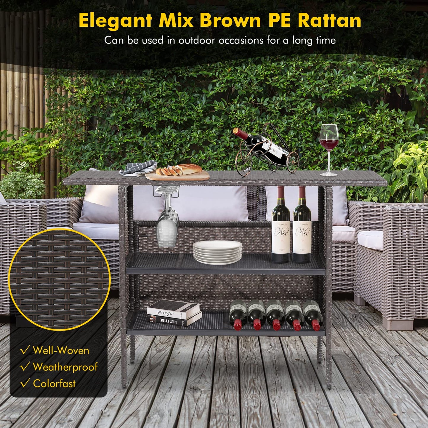FANTASK Outdoor Wicker Bar, Paito Bar Table w/2 Storage Shelves, 2 Sets of Rails and Condole Cup Holders, Rattan Bar Counter Table for Backyard, Poolside, Garden