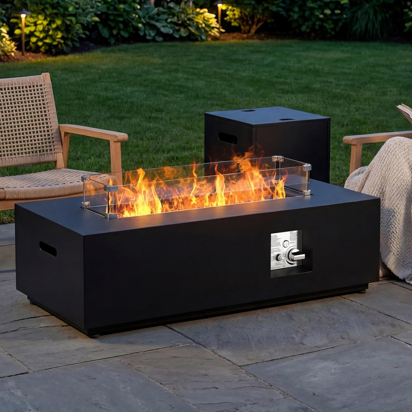 SUNPEAK 42" Rectangular Propane Fire Pit Table 50,000 BTU Fireplace Table with Wind Guard, Lid, Rocks and Cover - Fire Pits & Outdoor Fireplaces - Gas Fire Pits for Outside Patio (Black, 42")
