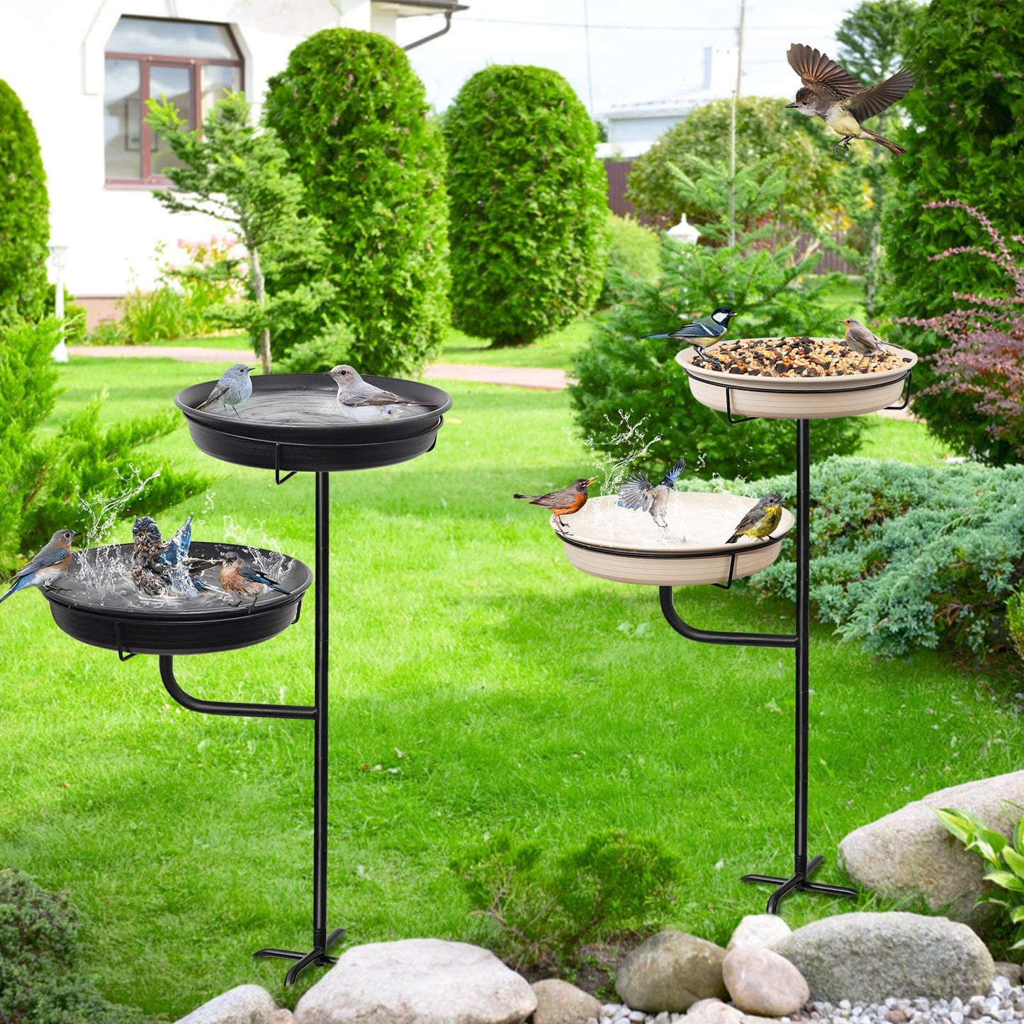 YALINKA Freestanding Birdbaths Bowl Outdoor, Standing Garden Bird Bath Bird Feeder & Bird Bath Bowl, Detachable Decoration Spa Birdfeeder for Garden Patio Yard Lawn, 4 Spiky Metal Stake (Black)