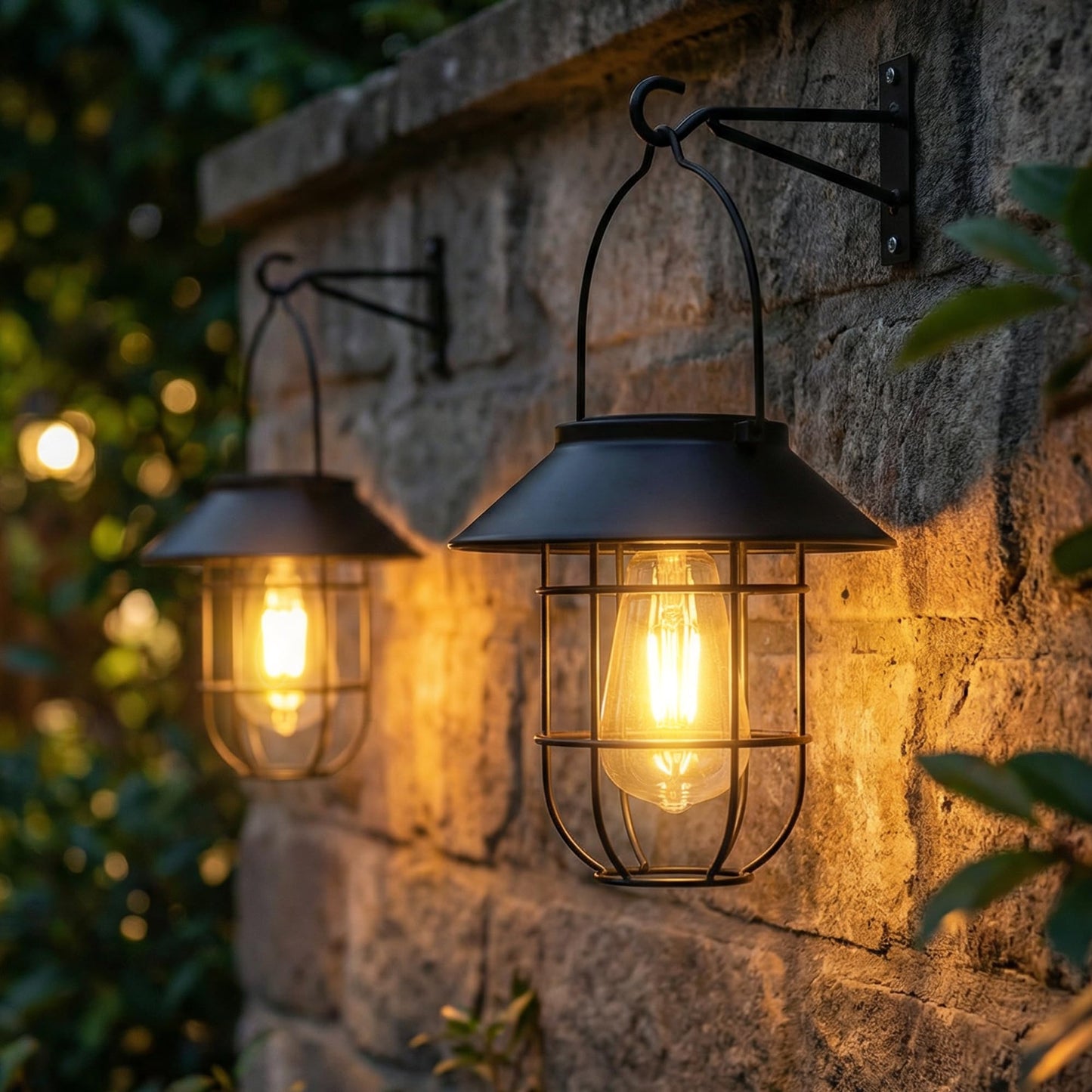 Livinlarge Solar Lanterns Outdoor Waterproof,Hanging Solar Lights for Outside with Wall Hooks Windproof Hook,Retro Metal Outdoor Lanterns Auto On/Off for Porch,Patio,Garden,Yard Decor 2 Pack（Black）