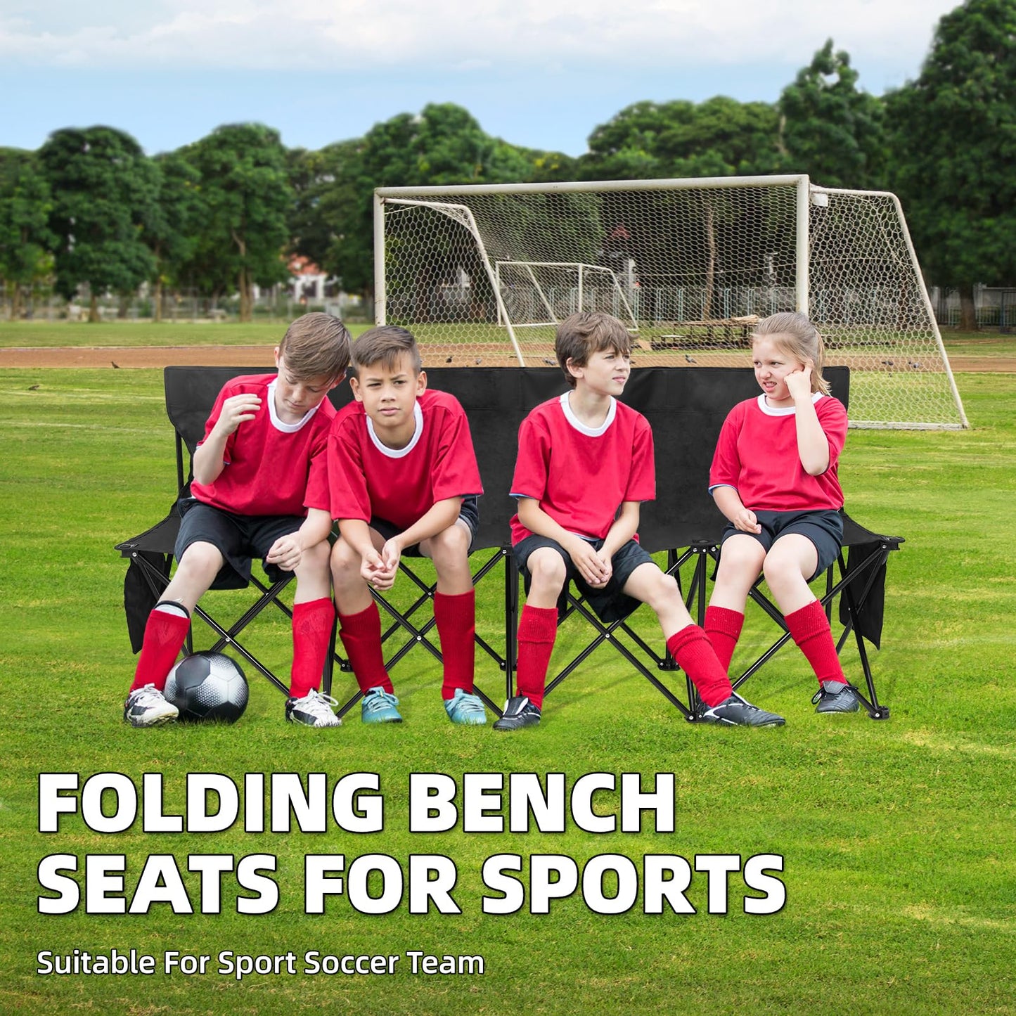 G GOOD GAIN Portable Soccer Bench - Team Bench Soccer 4 Seats with Bag, Sideline Folding Bench, Folded Chair Seating 4 for Football Camp Outdoor Sport Events, Team Chairs for Adults, Black